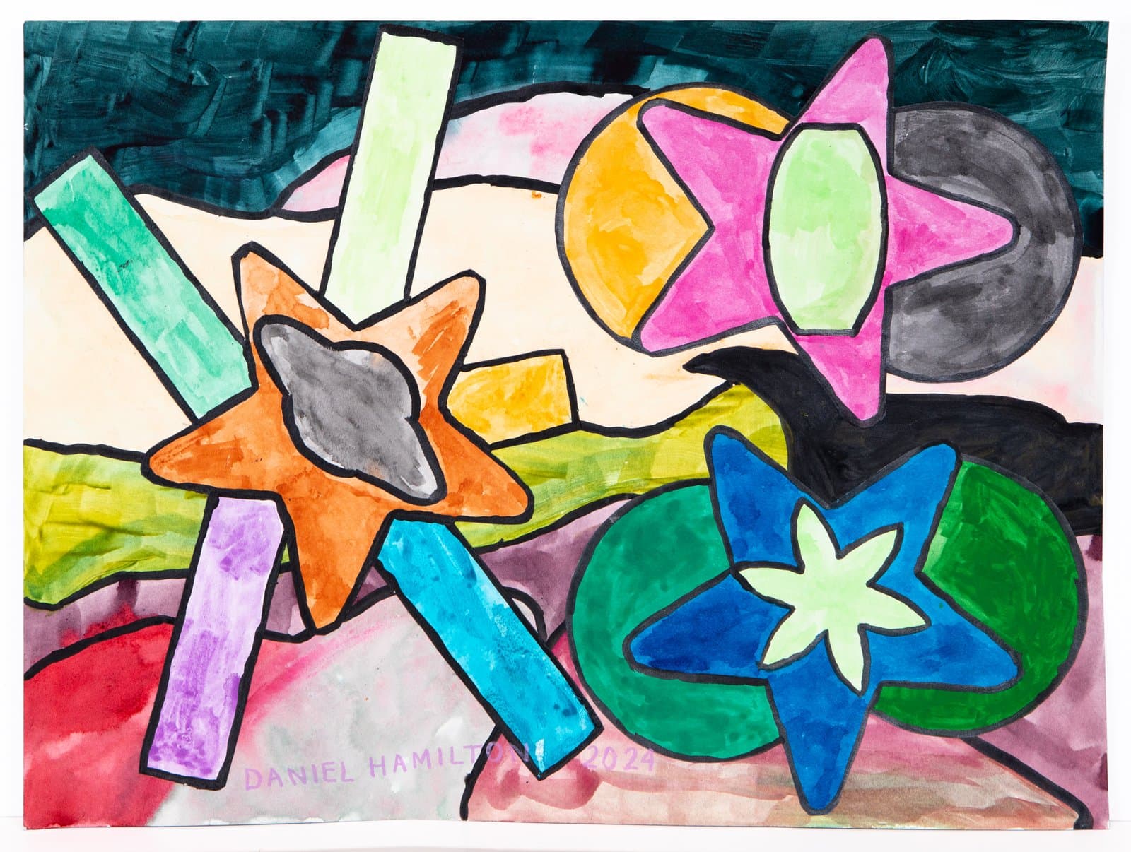 Watercolor painting with bold black outlines featuring colorful stars, geometric shapes, and rectangles on a light background.