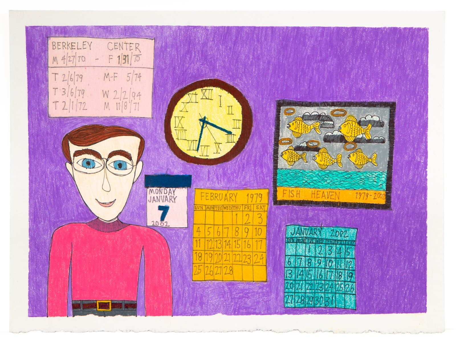 Colored pencil and ink drawing of a figure beside calendars, a clock, and a 'Fish Heaven' panel on a purple background.