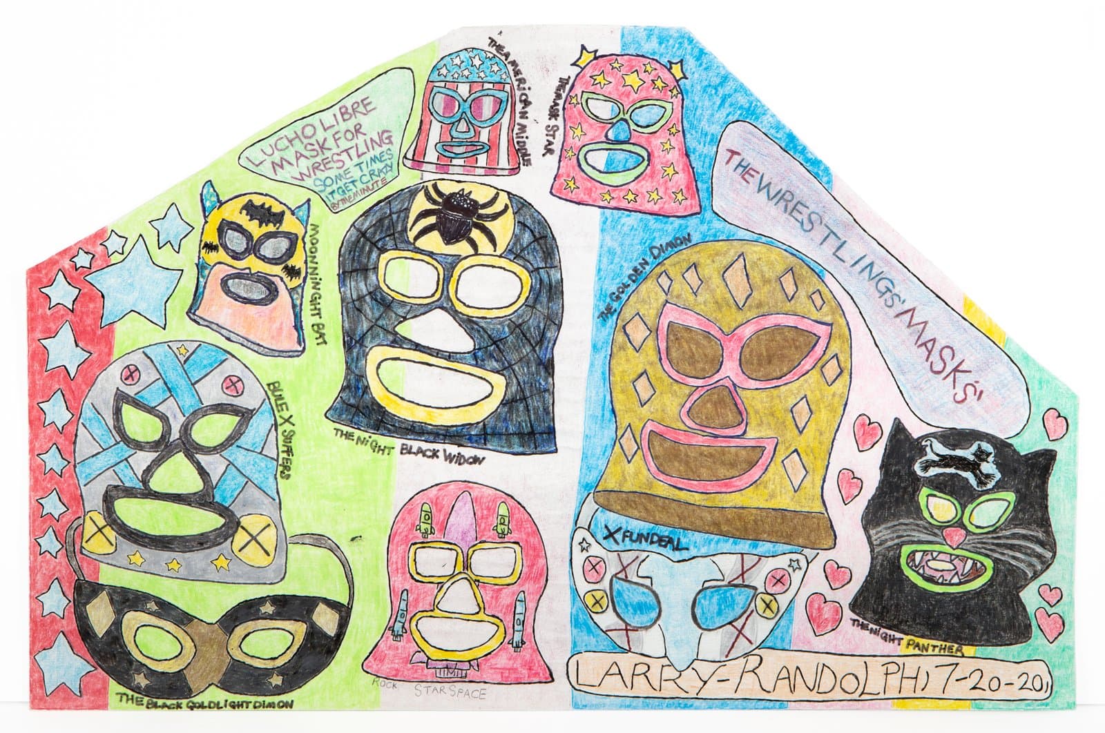 Colored pencil and ink drawing of eight named lucha libre wrestling masks arranged across an irregularly shaped paper.