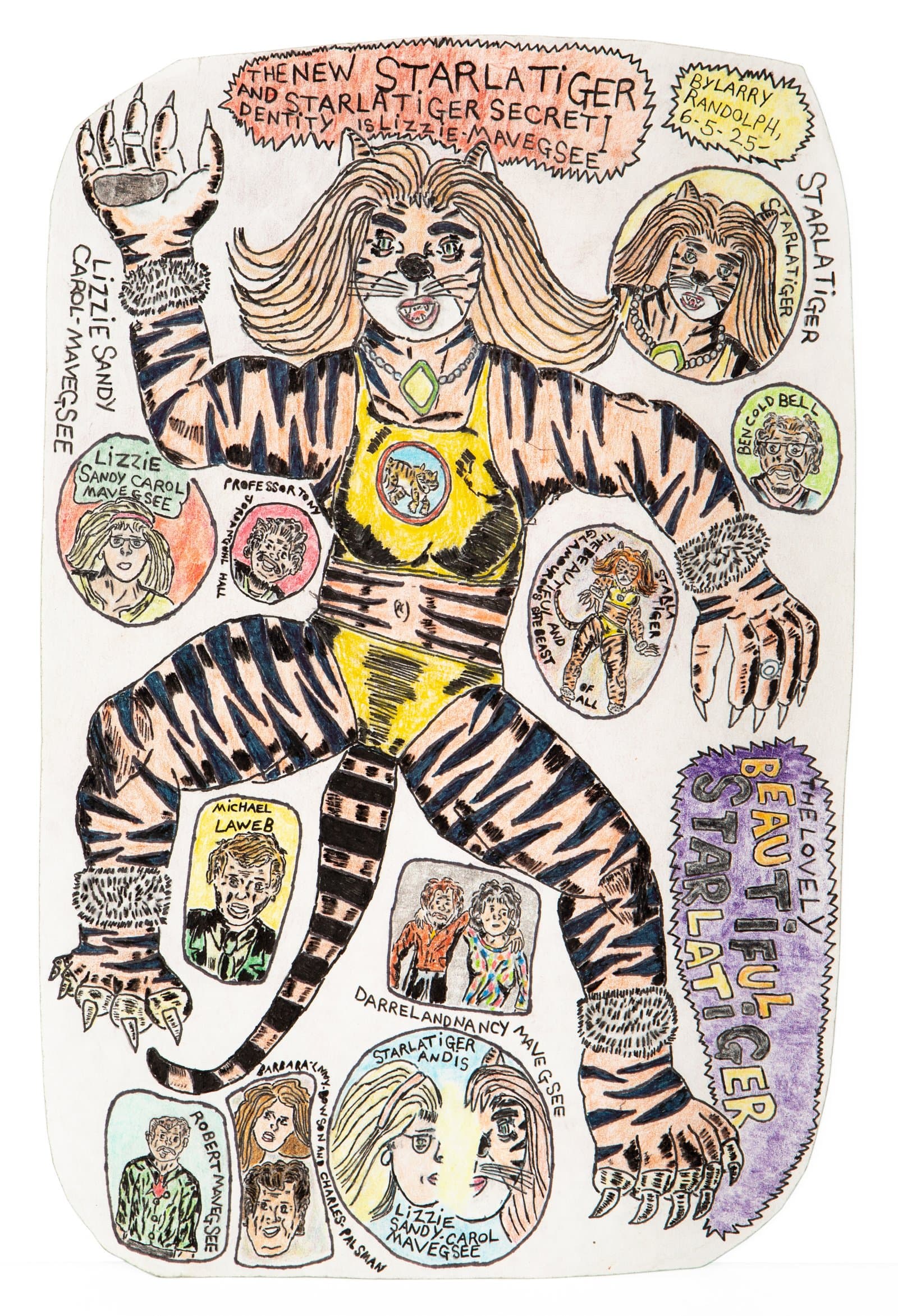 Colored pencil and ink drawing of a tiger-human figure surrounded by circular portrait vignettes and handwritten text on white paper.