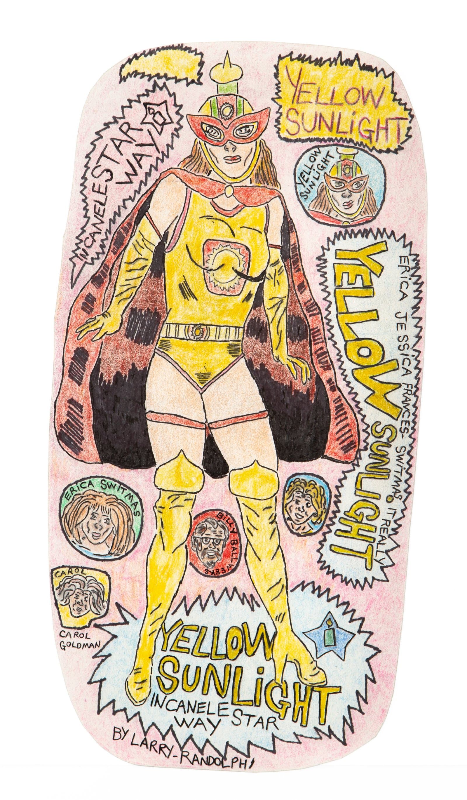 Colored pencil and ink drawing of a masked female superhero in yellow costume with text 'Yellow Sunlight' and small portrait medallions.