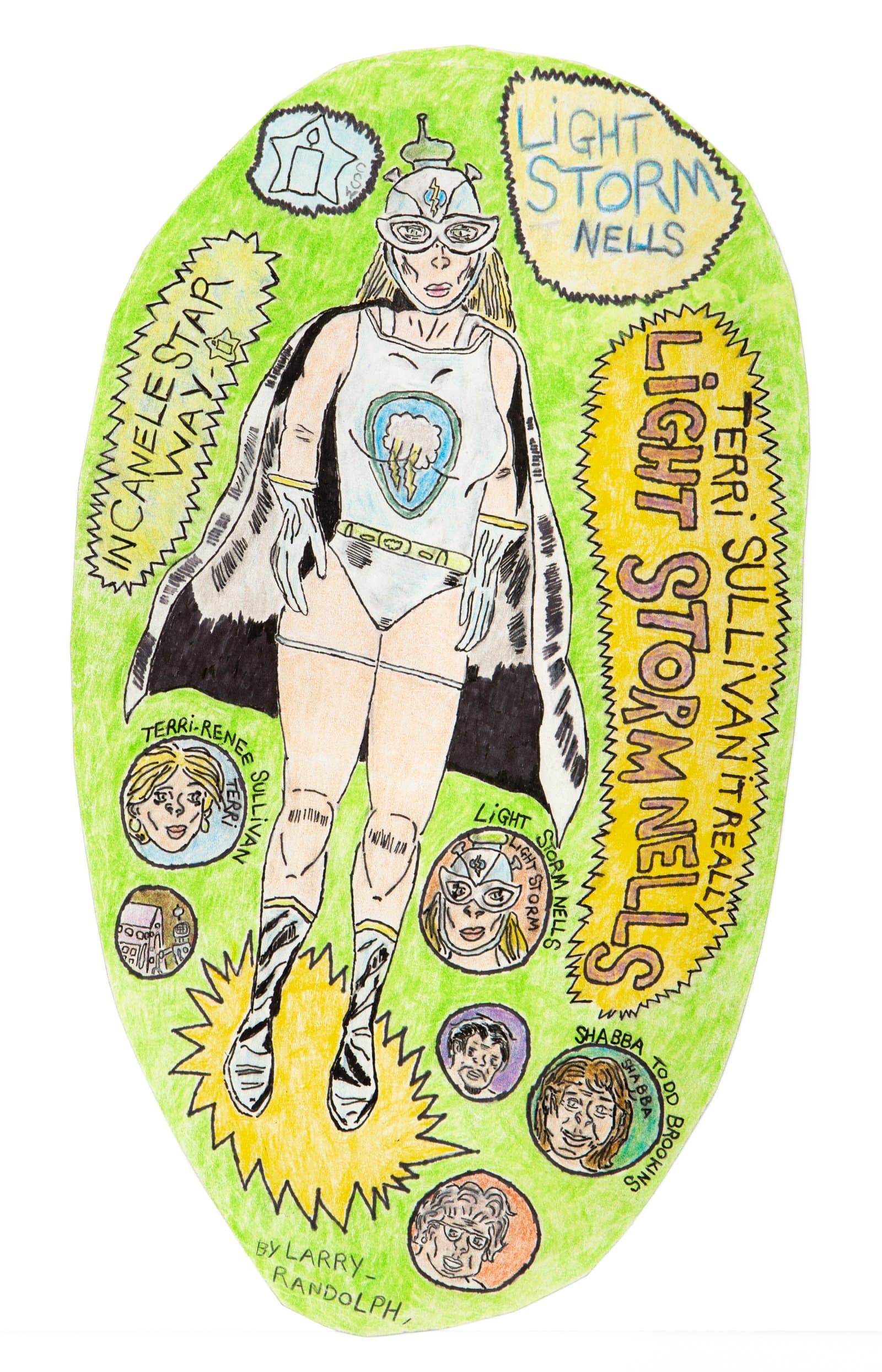 Colored pencil and ink drawing of a female superhero called 'Light Storm Nells' on bright green oval background with text and portrait medallions.