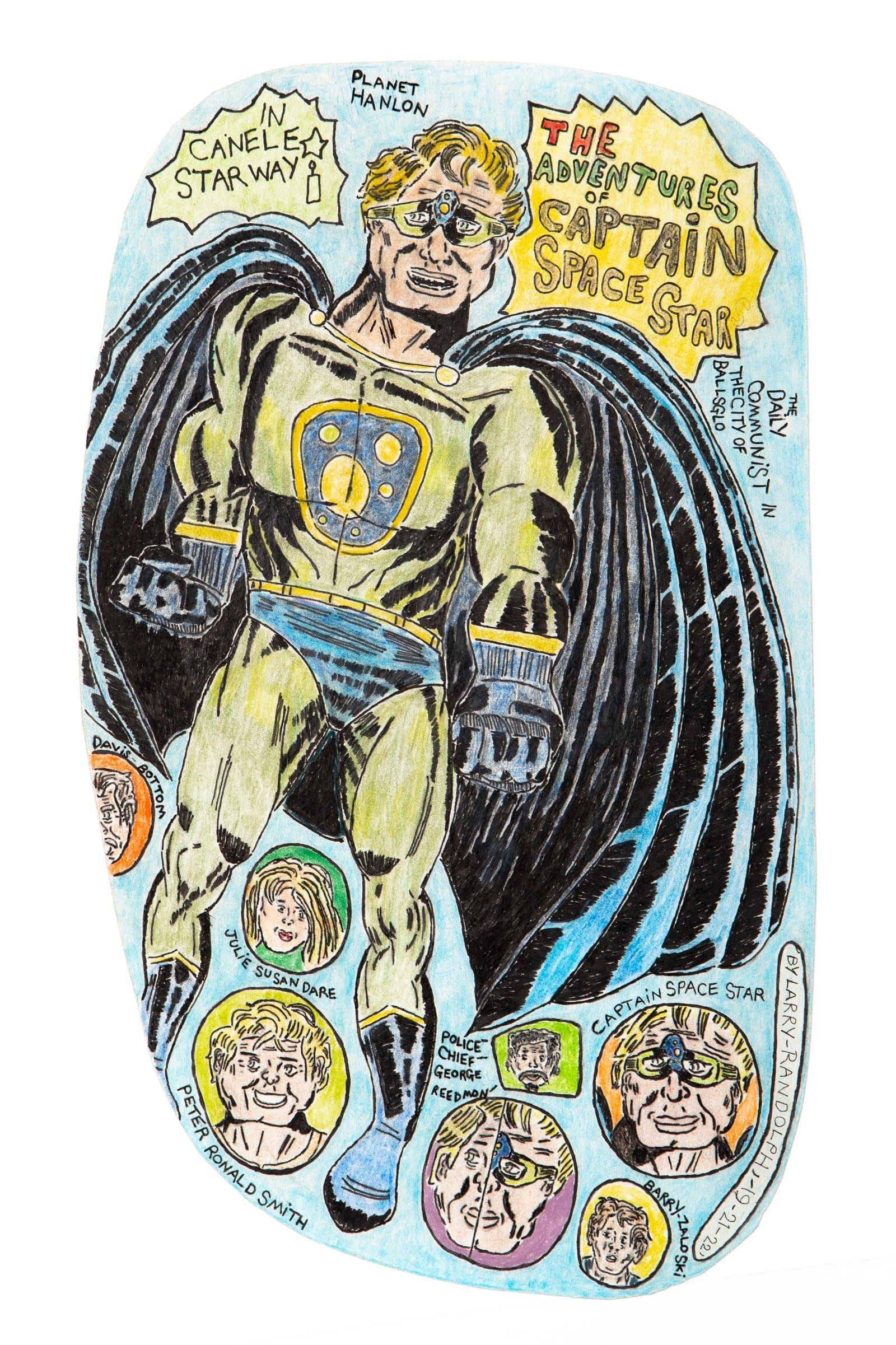 Colored pencil and ink drawing of a caped superhero labeled 'Captain Space Star' surrounded by character portrait medallions on light blue background.