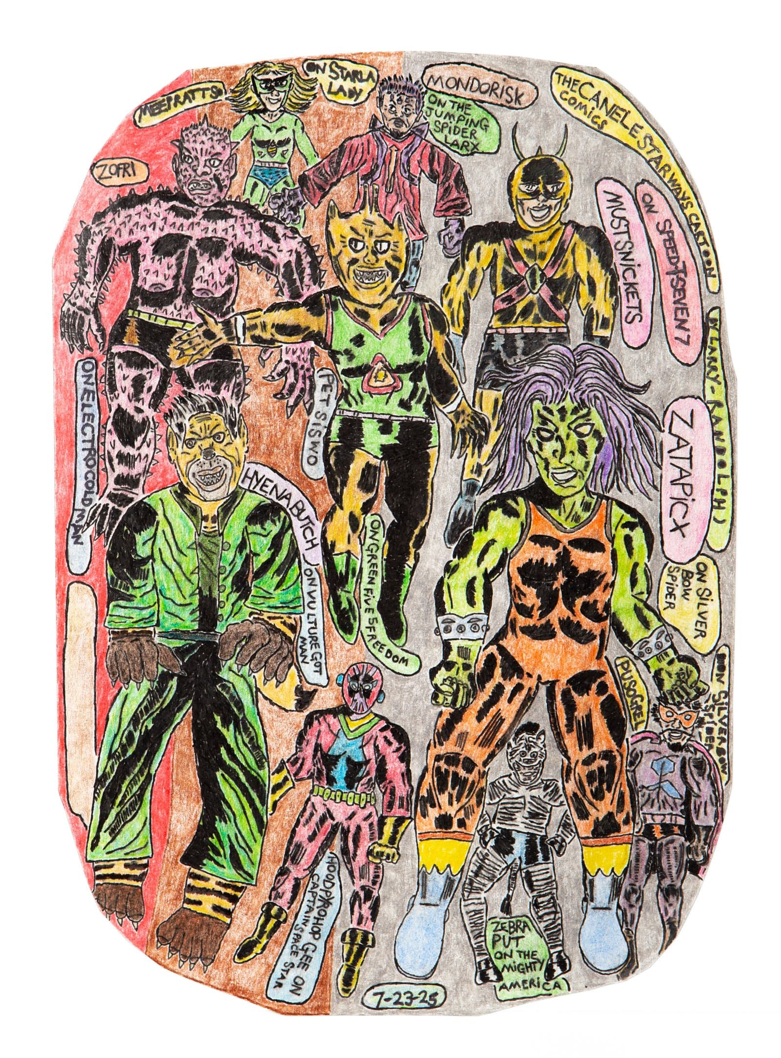 Colored pencil and ink drawing crowded with animal-patterned superhero figures and handwritten character names on a rounded rectangle.