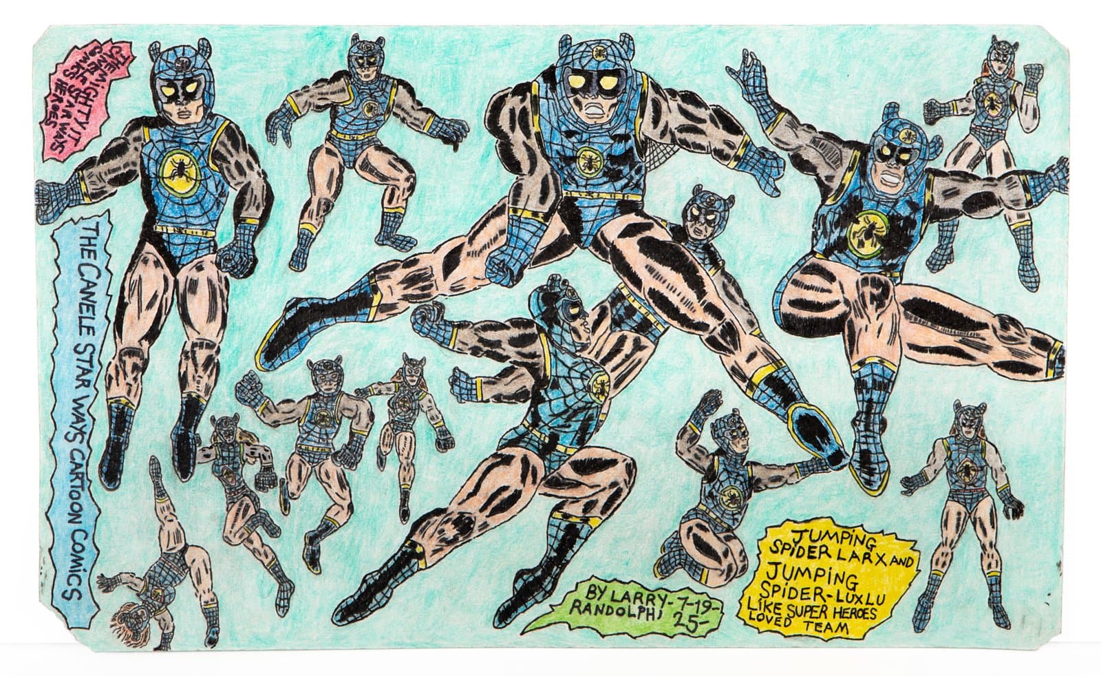 Colored pencil and ink drawing featuring multiple superhero figures in blue, black, and yellow costumes on mint green background.
