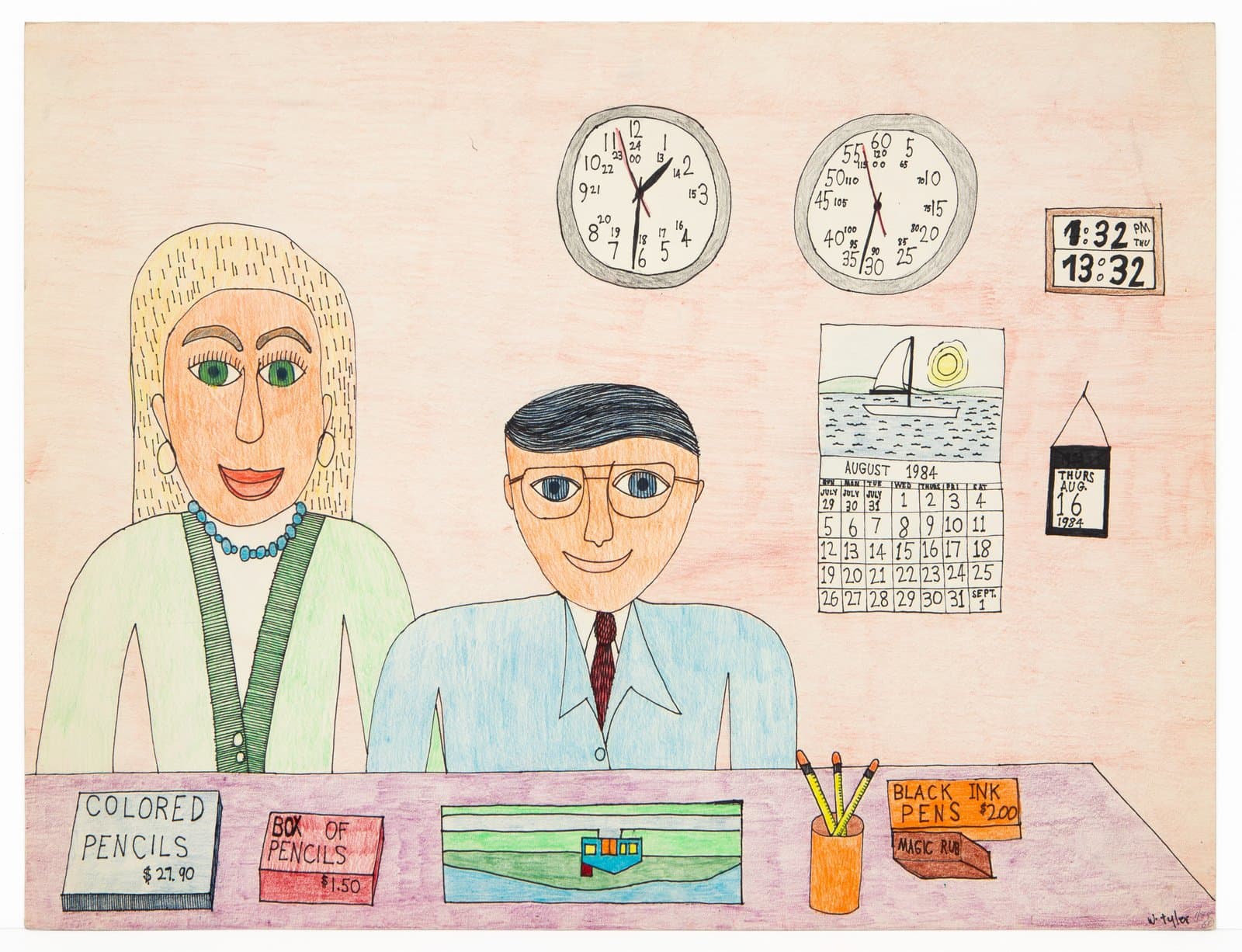 Colored pencil and ink drawing of two figures behind a desk with clocks, a calendar, and office supplies on a pink background.