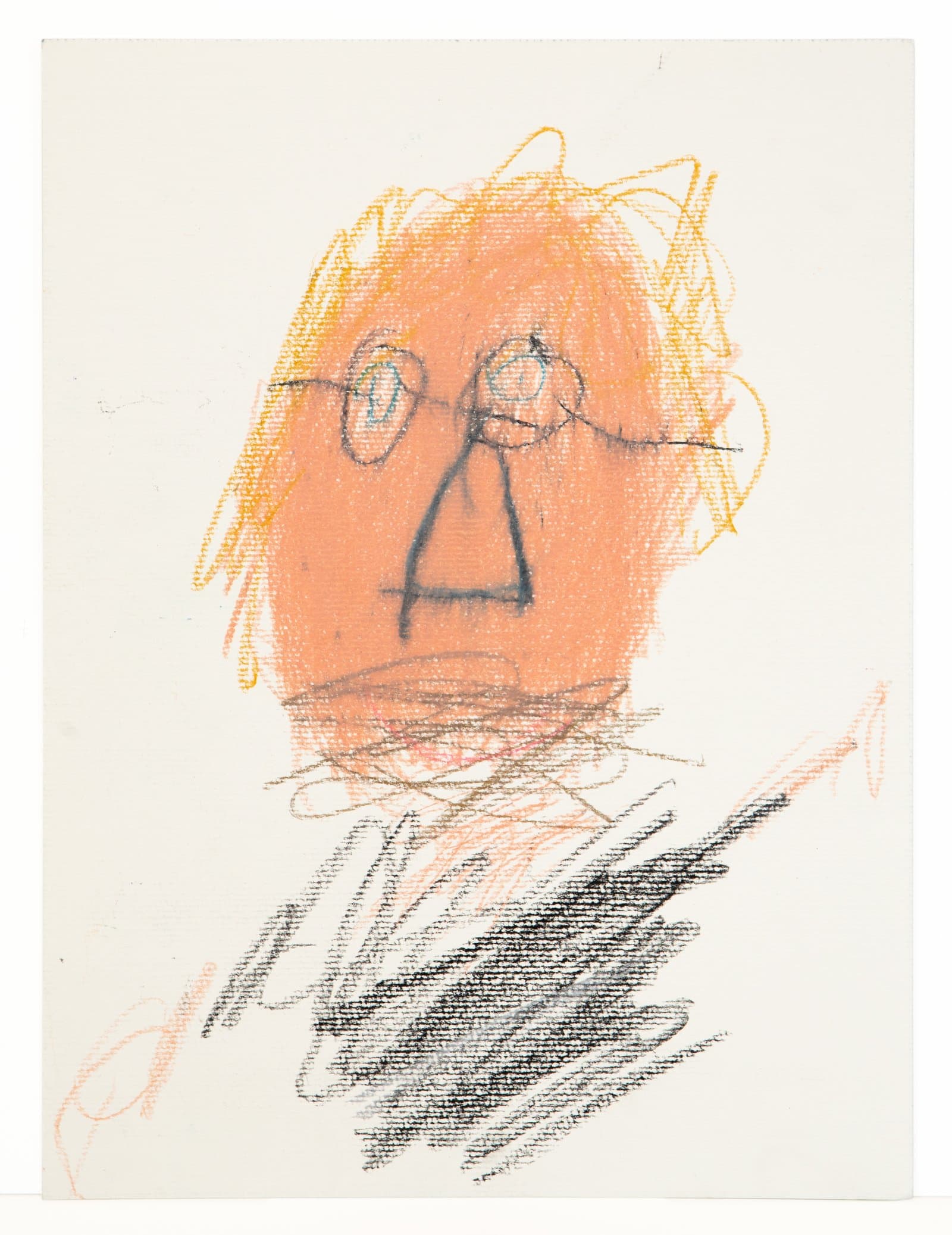 Portrait drawing in Art Stix on paper of a face with round glasses, orange skin tones, yellow hair, and dark crosshatched body.