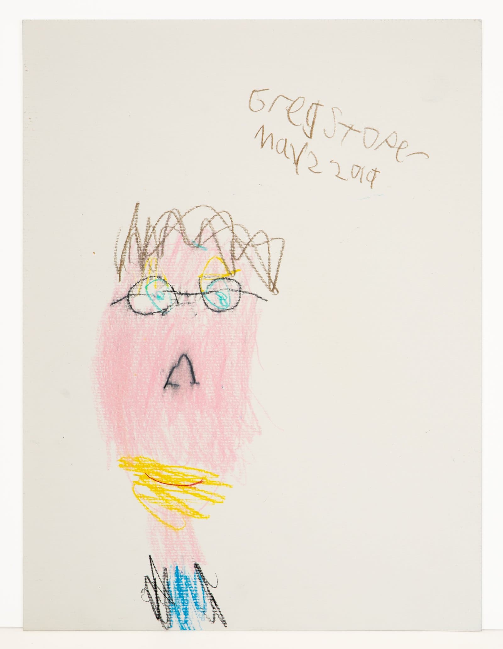 Portrait drawing in Art Stix on white paper depicting a face with pink shading, round glasses, yellow beard, and scribbly brown hair.