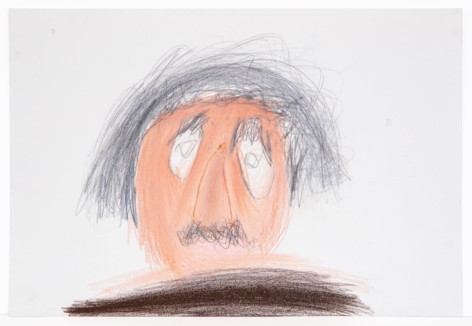 Drawing of a face with orange skin and dark scribbled hair in Art Stix on white paper.