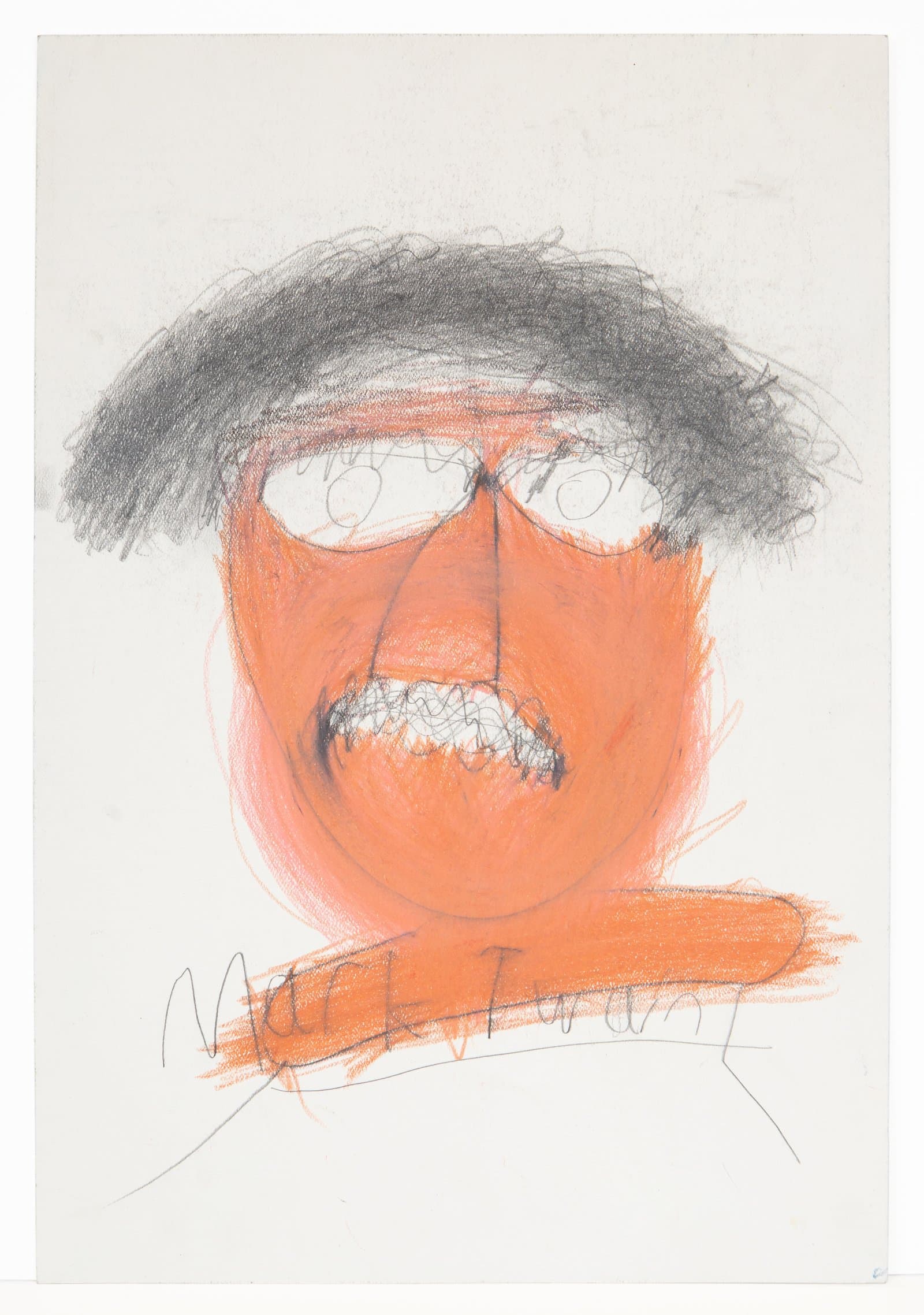 Portrait drawing in orange and gray Art Stix on white paper depicting a round-faced figure with dark scribbled hair and mustache.