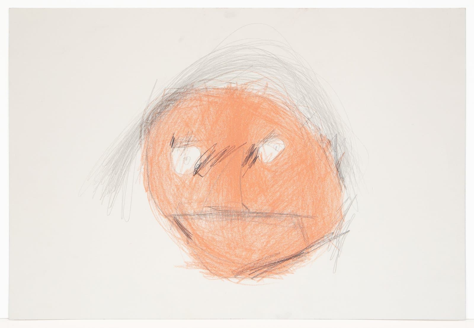 Colored pencil drawing of a round face with orange fill and loose graphite pencil lines suggesting hair, on white paper.