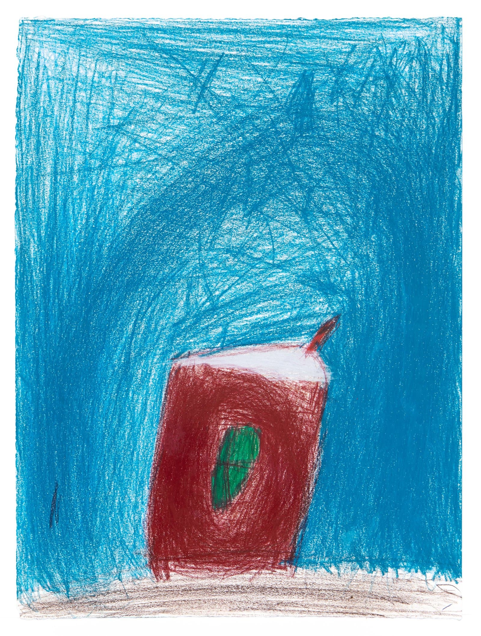 Pastel drawing of a dark red cup with a green oval and straw against a heavily scribbled blue background on white paper.