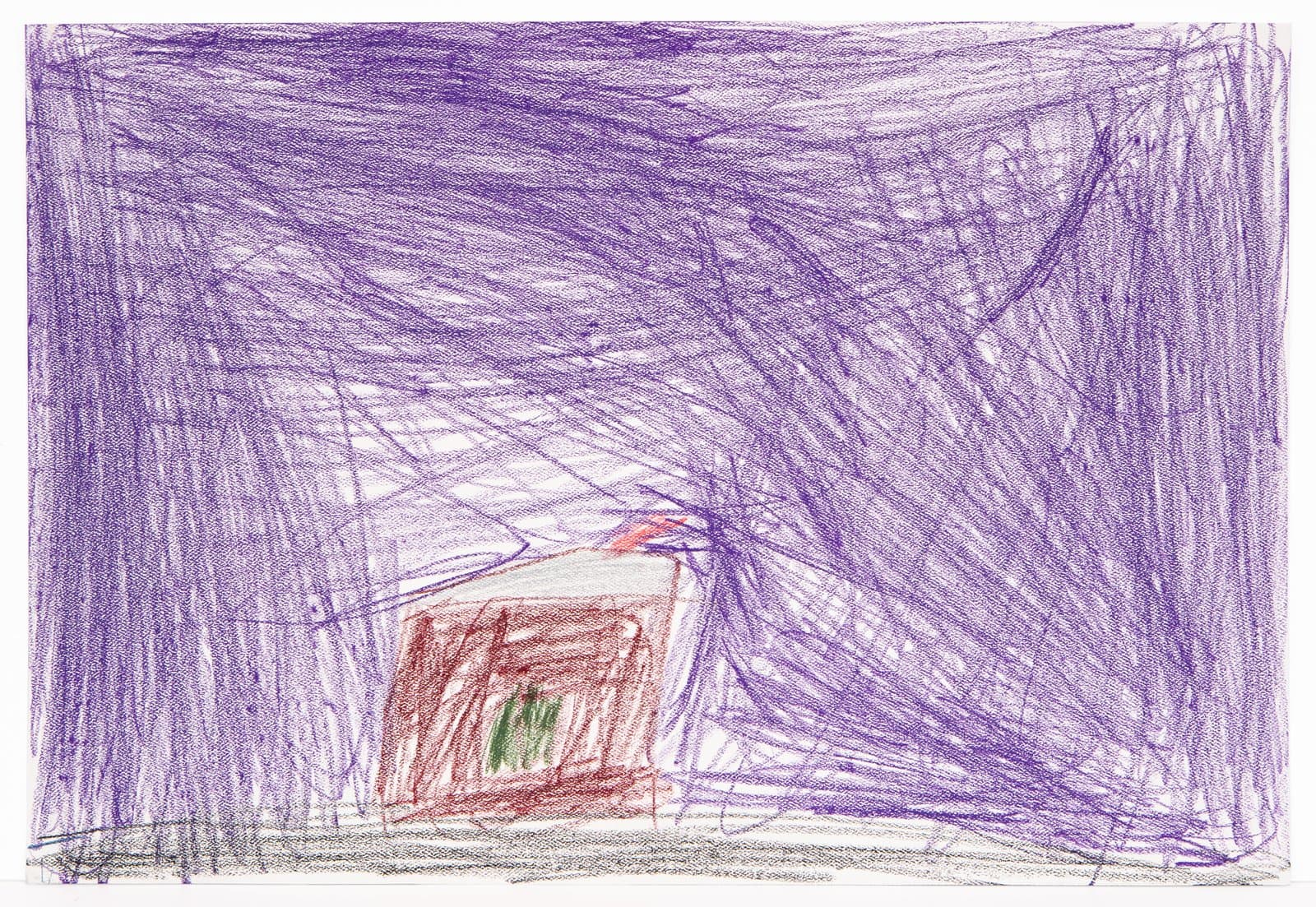 Drawing in colored pencil with dense purple hatching surrounding a small red nested rectangle with green center on white paper.