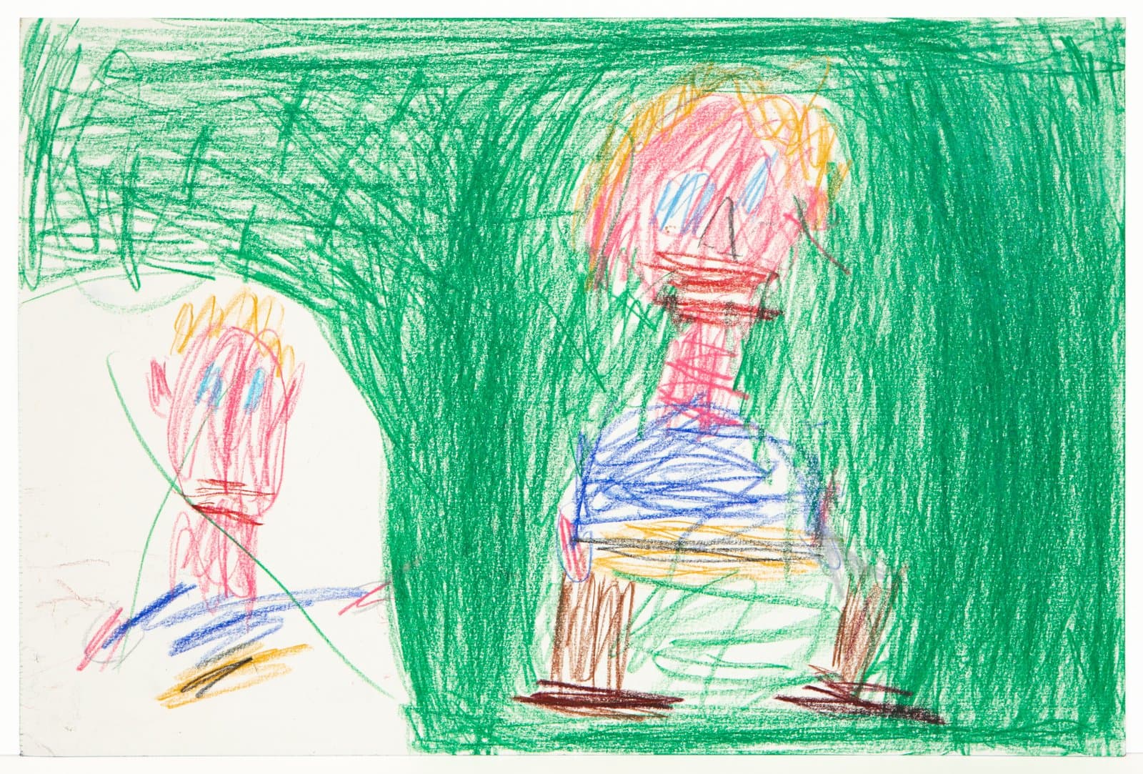 Colored pencil drawing of two human figures amid dense green scribbling, with pink, yellow, blue, and red marks on white paper.
