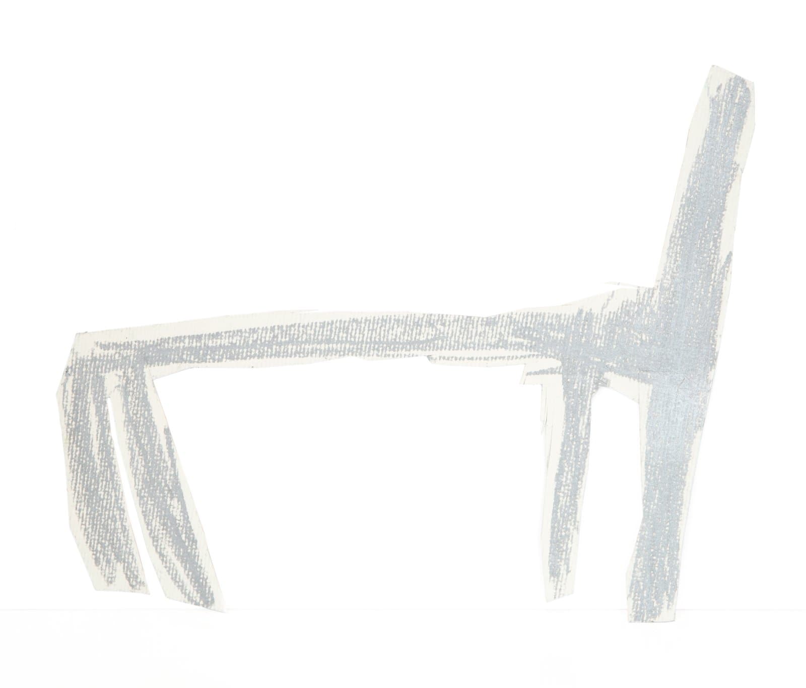 Drawing of a chair in profile rendered in pale gray Art Stix on a white paper cutout, showing seat, back, and four legs.