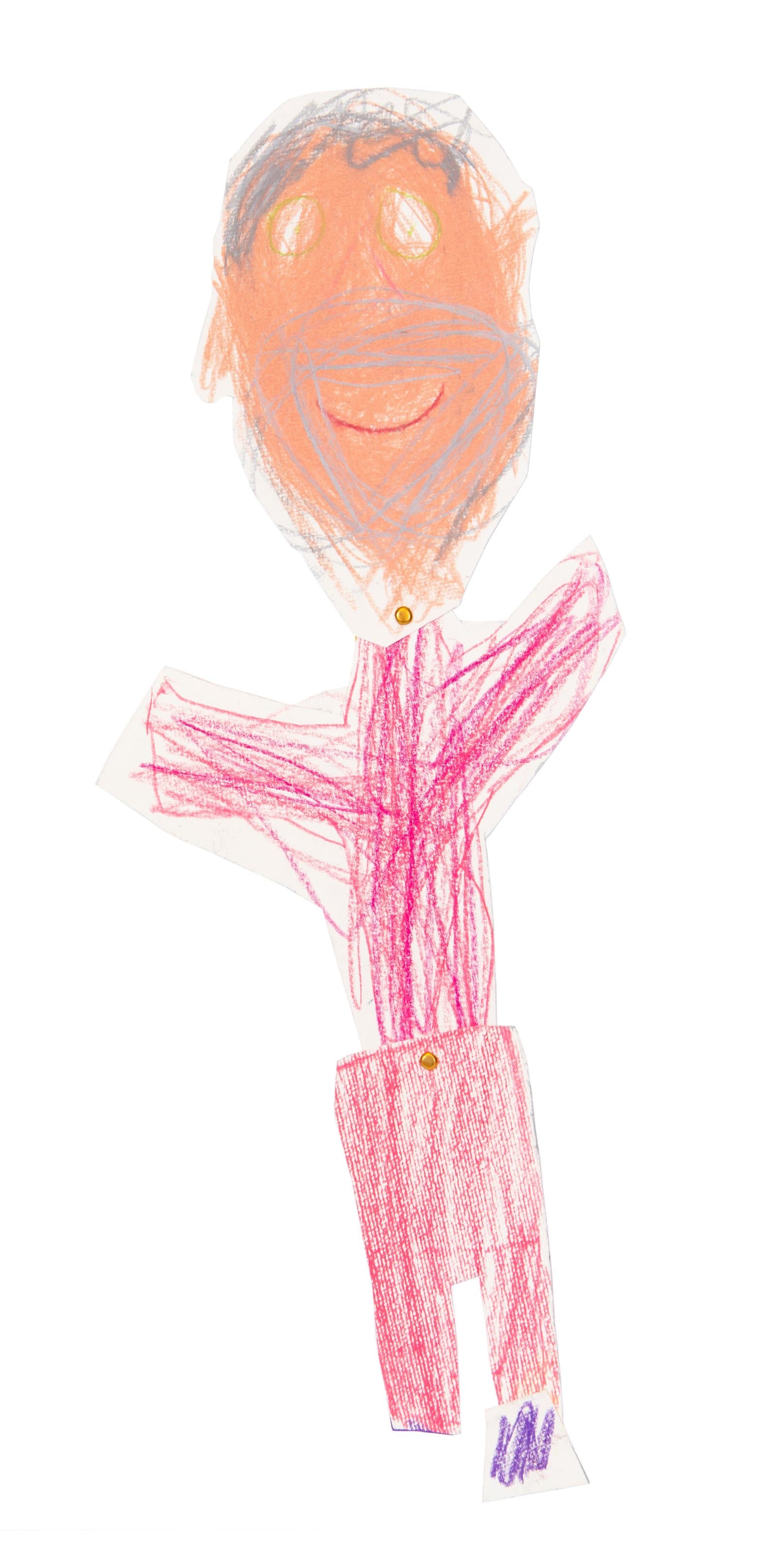 Crayon figure of a smiling person with orange face and pink body, constructed as a jointed paper puppet with brass fasteners.