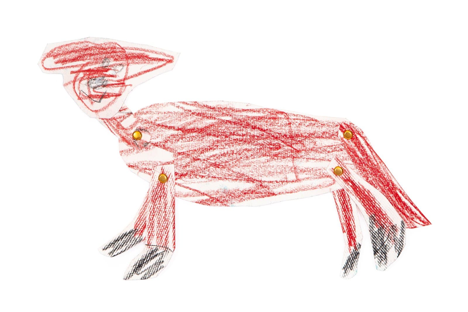A cut-paper animal puppet drawn in red and black Art Stix, with four gold brass fasteners joining jointed limbs and head.