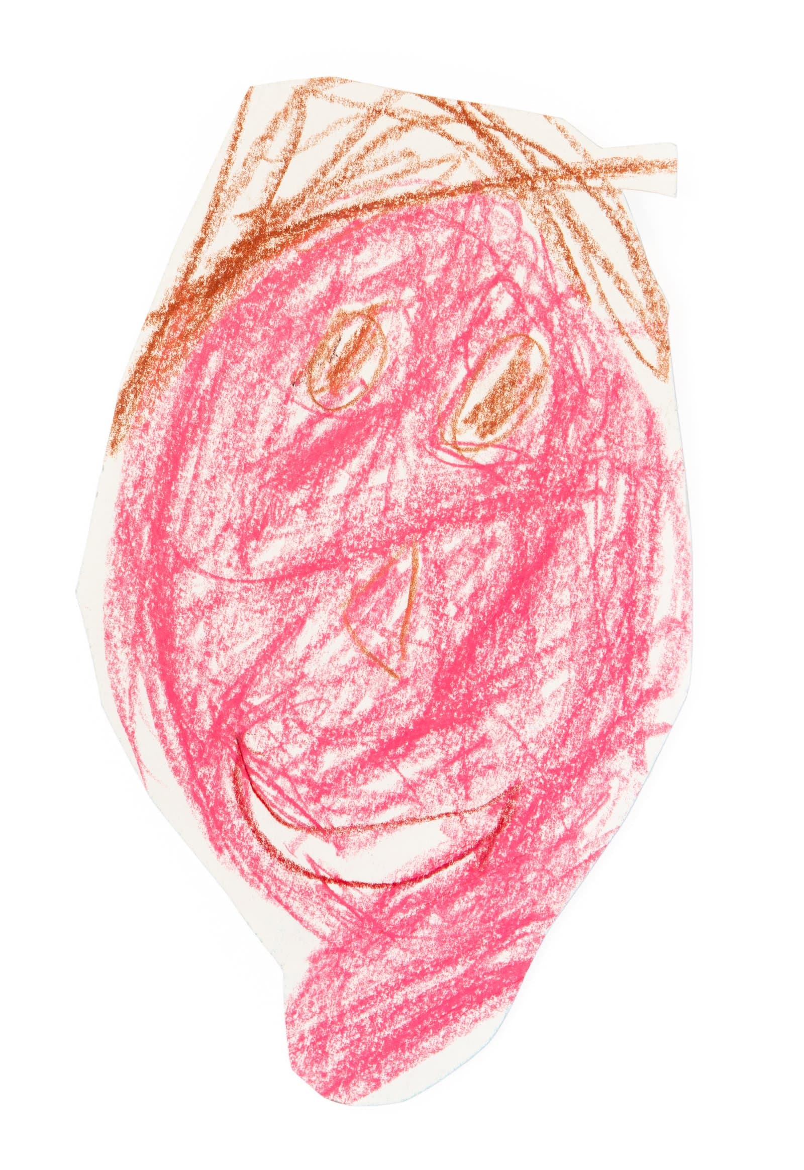 Crayon drawing of a human face in pink and brown on a paper cutout, with loosely rendered eyes, nose, and smiling mouth.