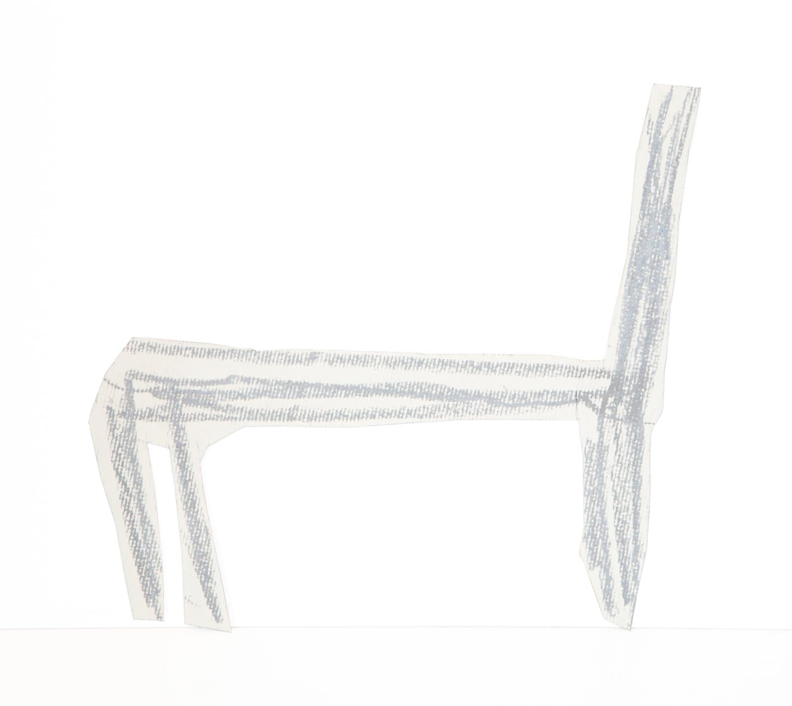 Side-view drawing of a chair rendered in pale blue-gray Art Stix on a white paper cutout silhouette.