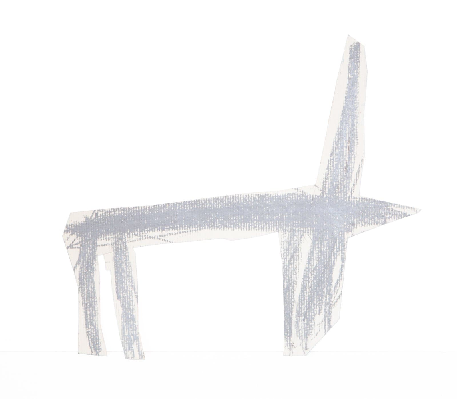 A cutout drawing of a four-legged animal in pale blue-gray Art Stix on white paper, shown in profile.