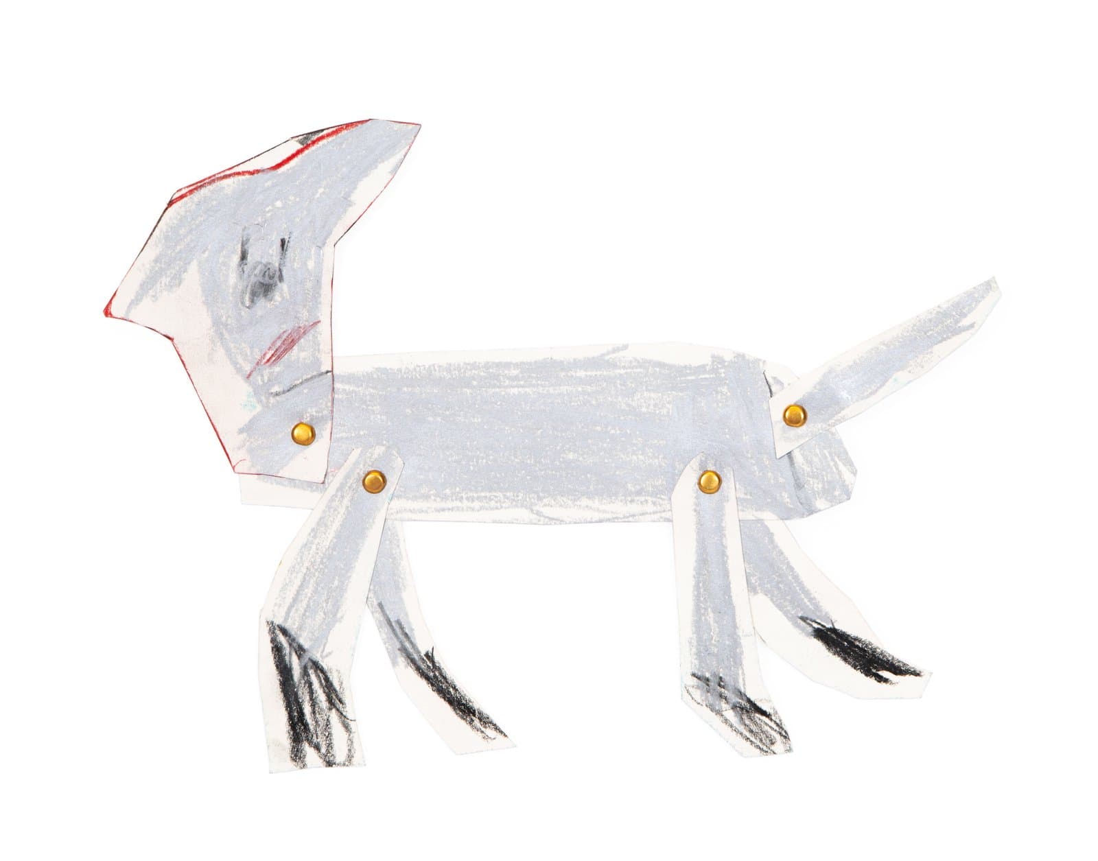 A cut-paper puppet of a four-legged animal, shaded in gray and black Art Stix, assembled with four gold brass fasteners.