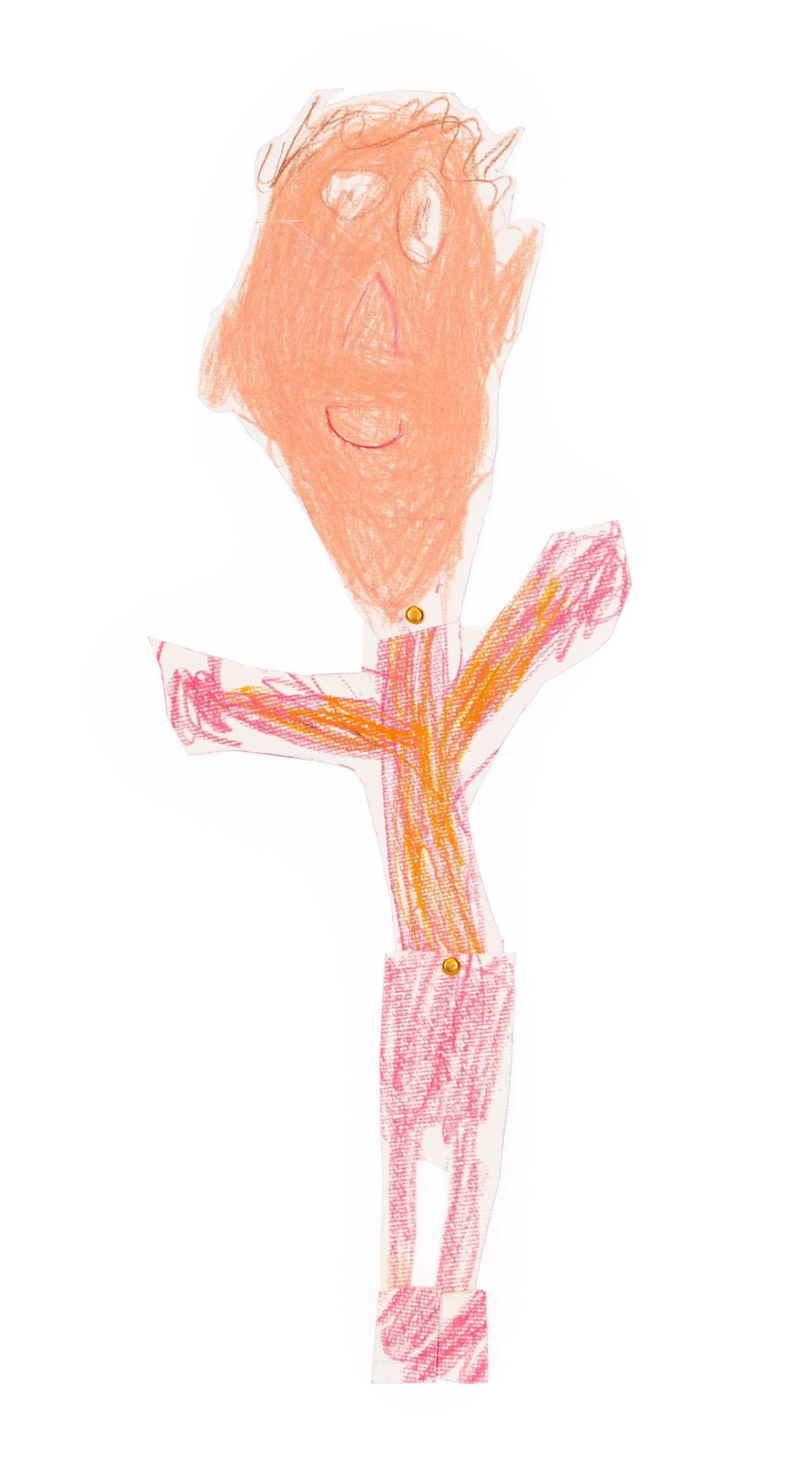 Figural paper puppet drawn in Art Stix, depicting a person with an orange face and pink and orange body with raised arms.