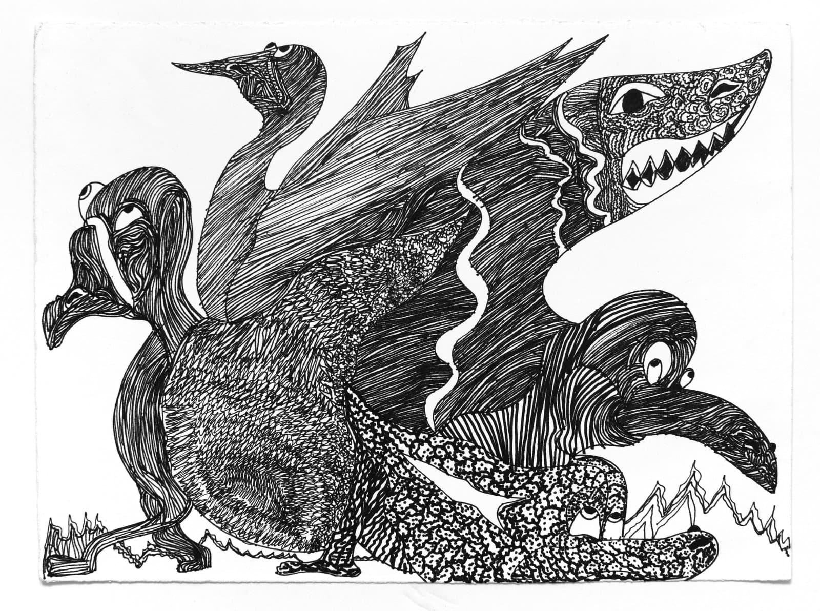 Black and white ink drawing of intertwined fantastical creatures including a shark, bird, and dog-like forms on white paper.