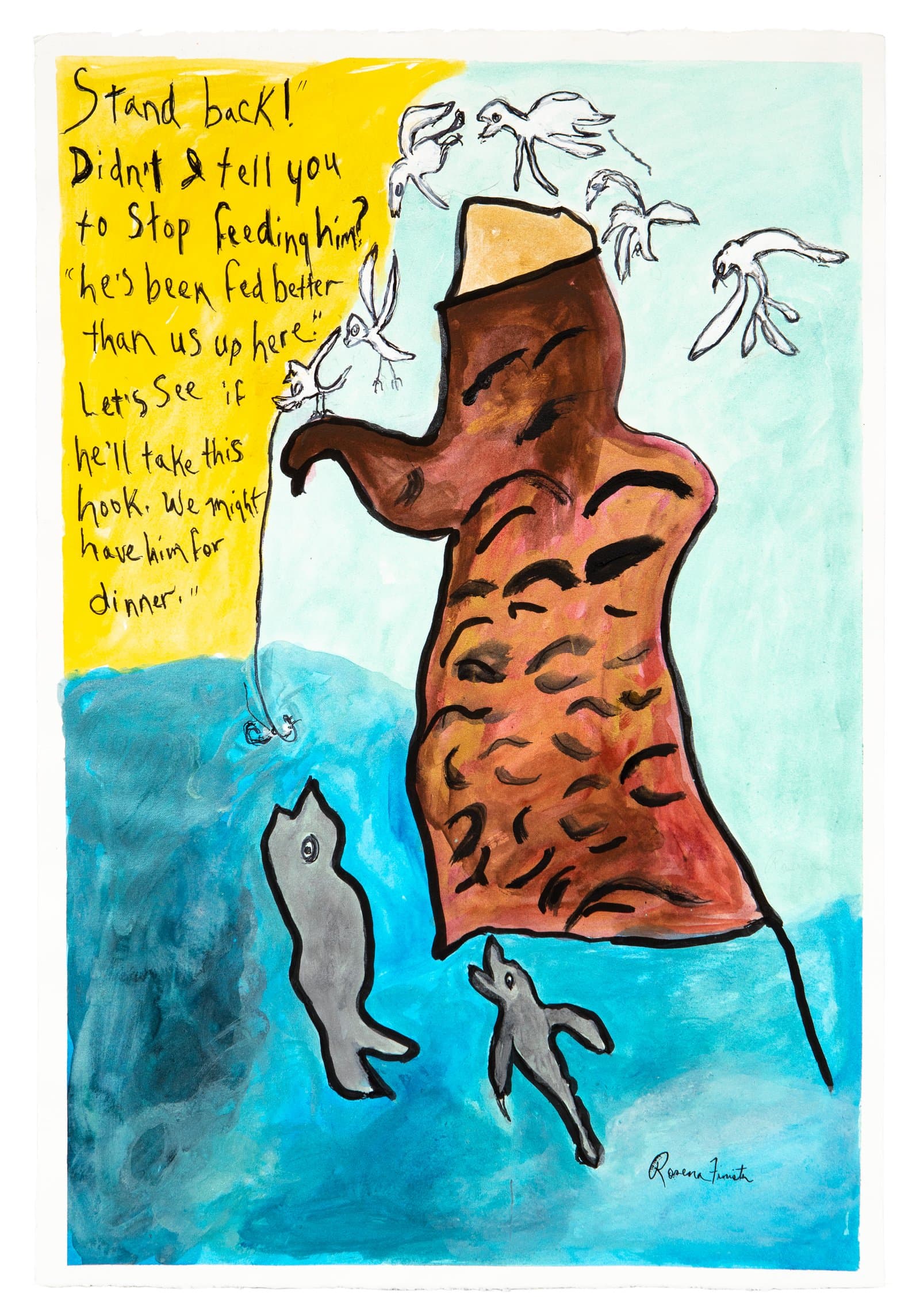 Acrylic painting on paper featuring a large brown fish, birds, small mammals, and handwritten text on yellow and blue background.