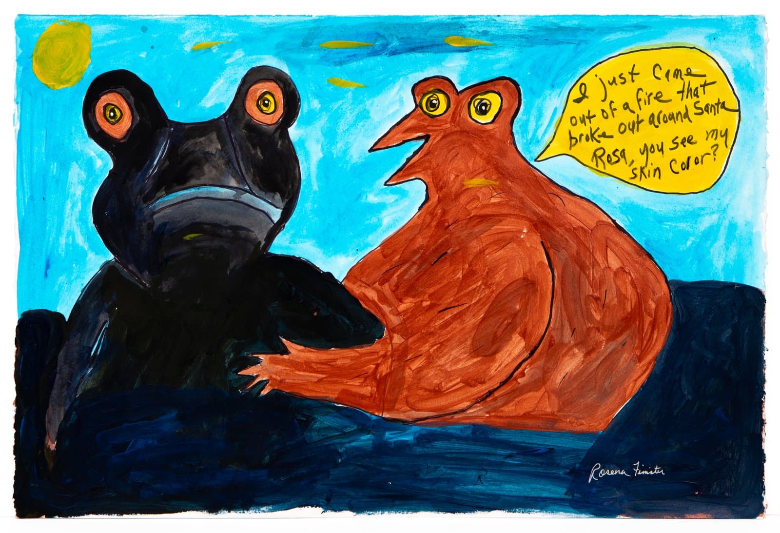 Acrylic painting of two animal figures, one black and one orange-red, against a bright blue background with a speech bubble.