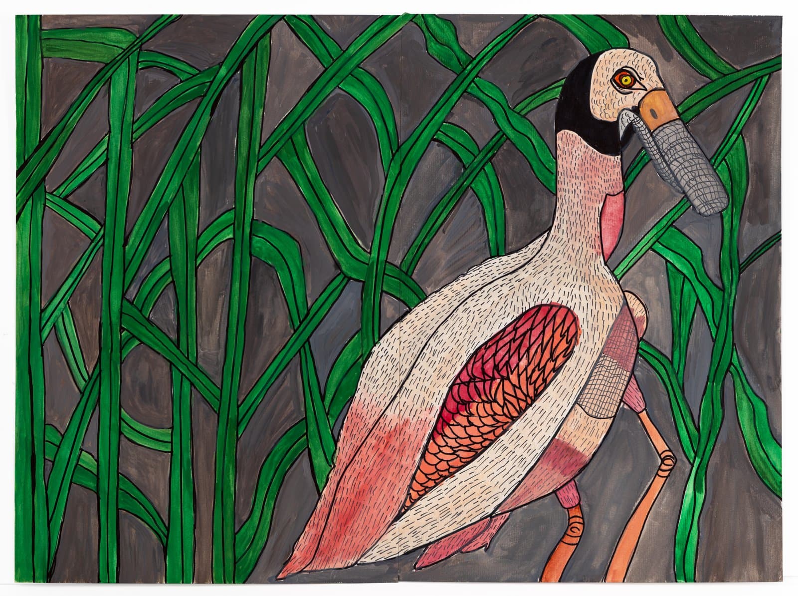 Ink and watercolor drawing of a goose or duck among tall green grasses on gray background