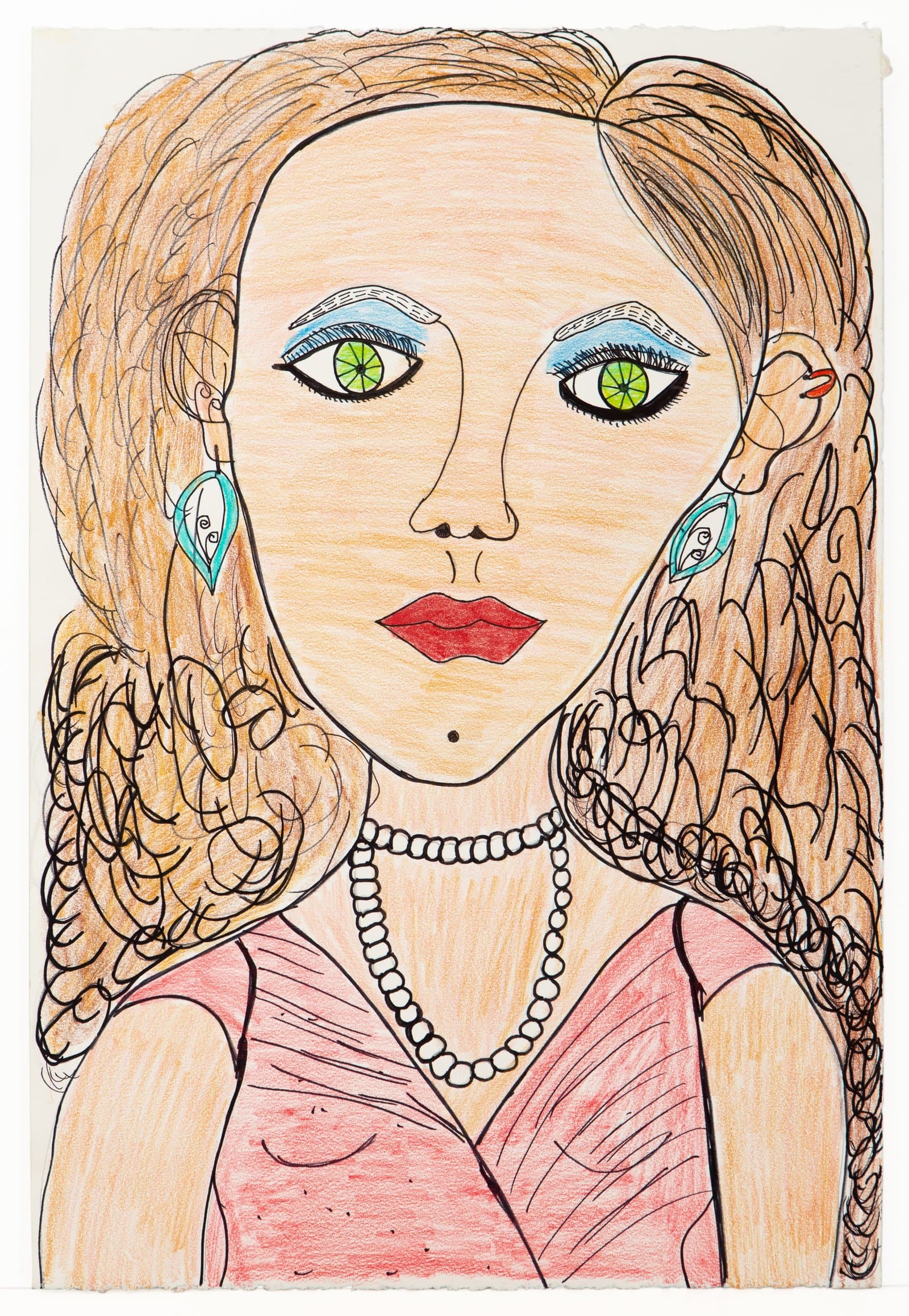 Portrait drawing of figure with blonde curly hair, green eyes, red lips, wearing pink top and pearl necklace