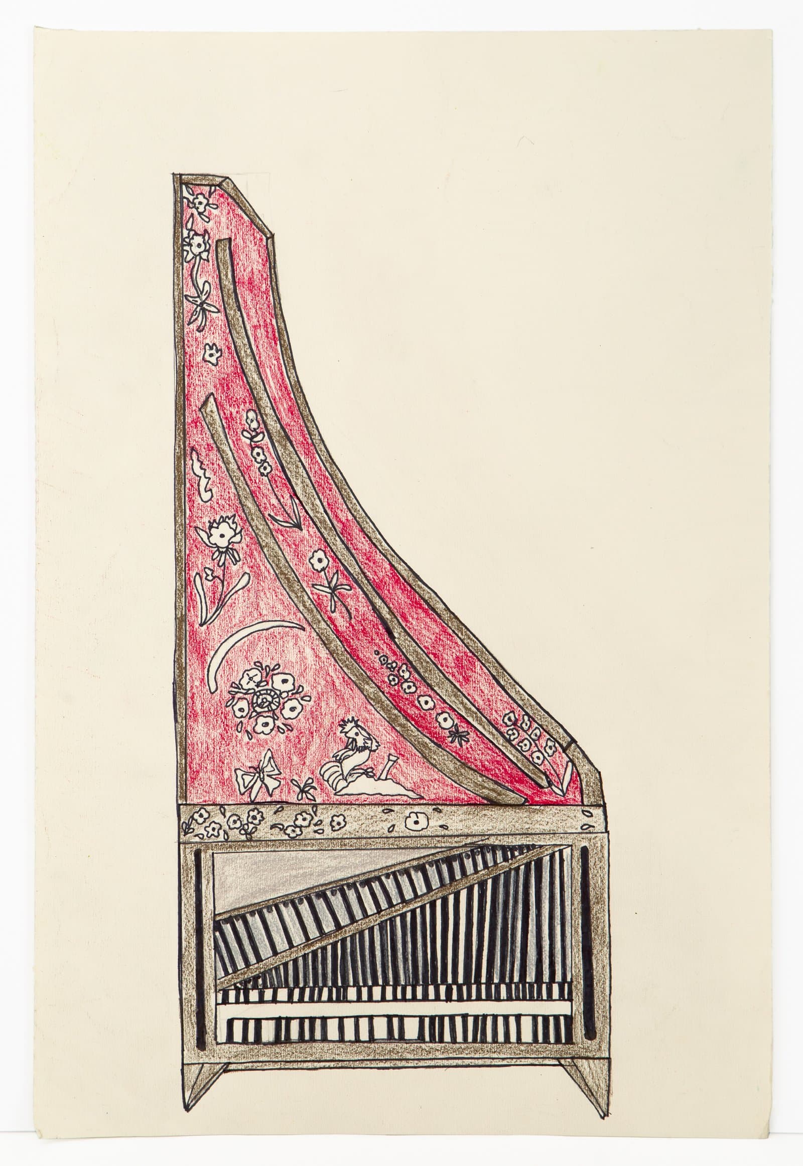 Drawing of harpsichord with ornate pink floral-decorated lid and black and white keyboard, colored pencil on paper