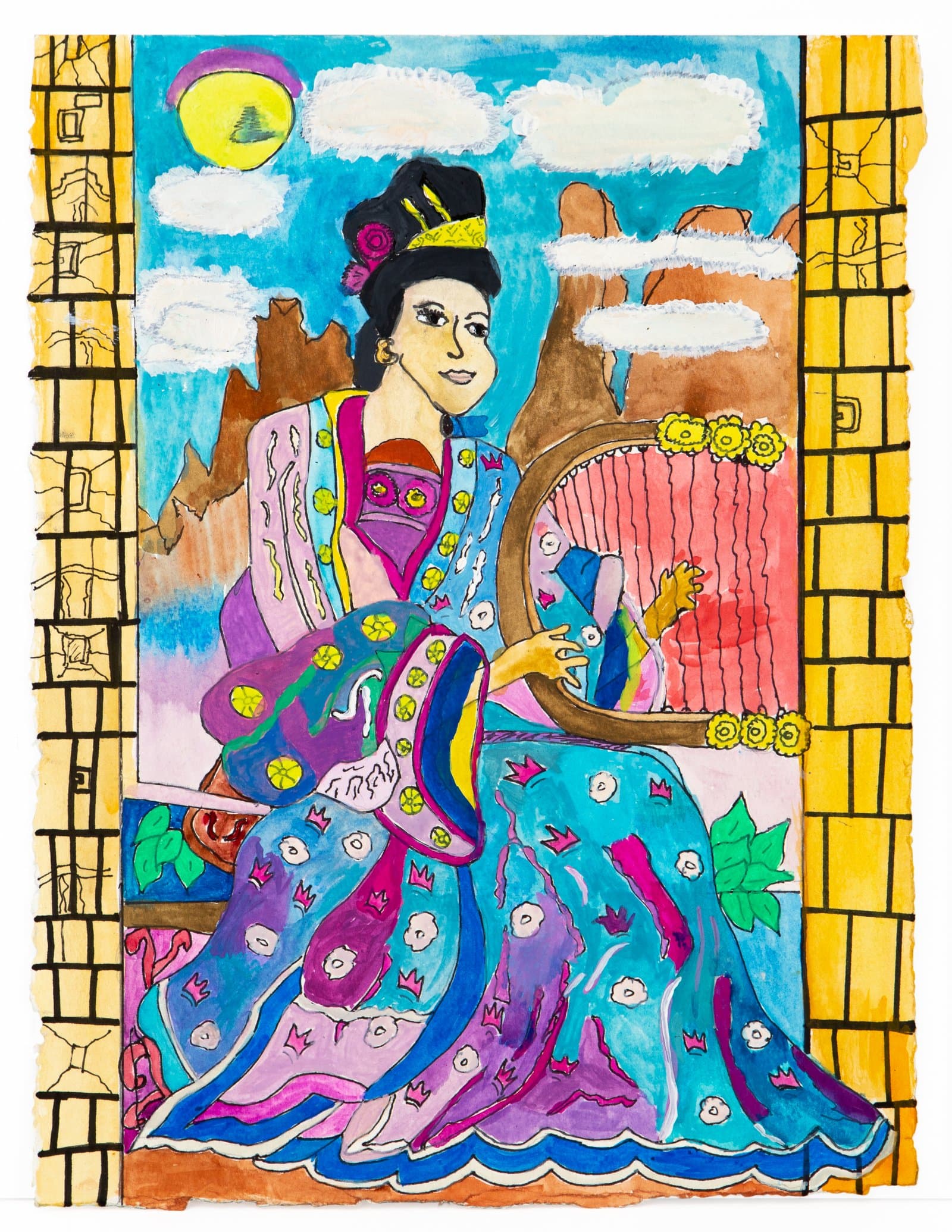Colorful ink and watercolor drawing of figure in ornate dress with black hair and decorative hat in landscape setting