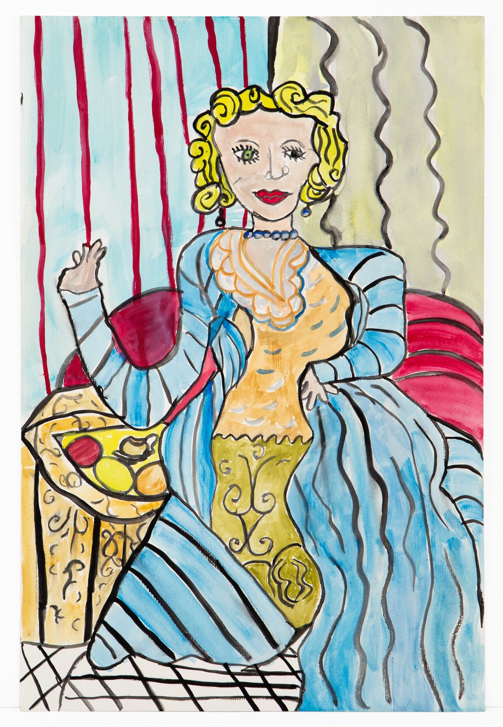 Ink and watercolor portrait of a figure with yellow curly hair in blue striped robe, seated and holding wine glass