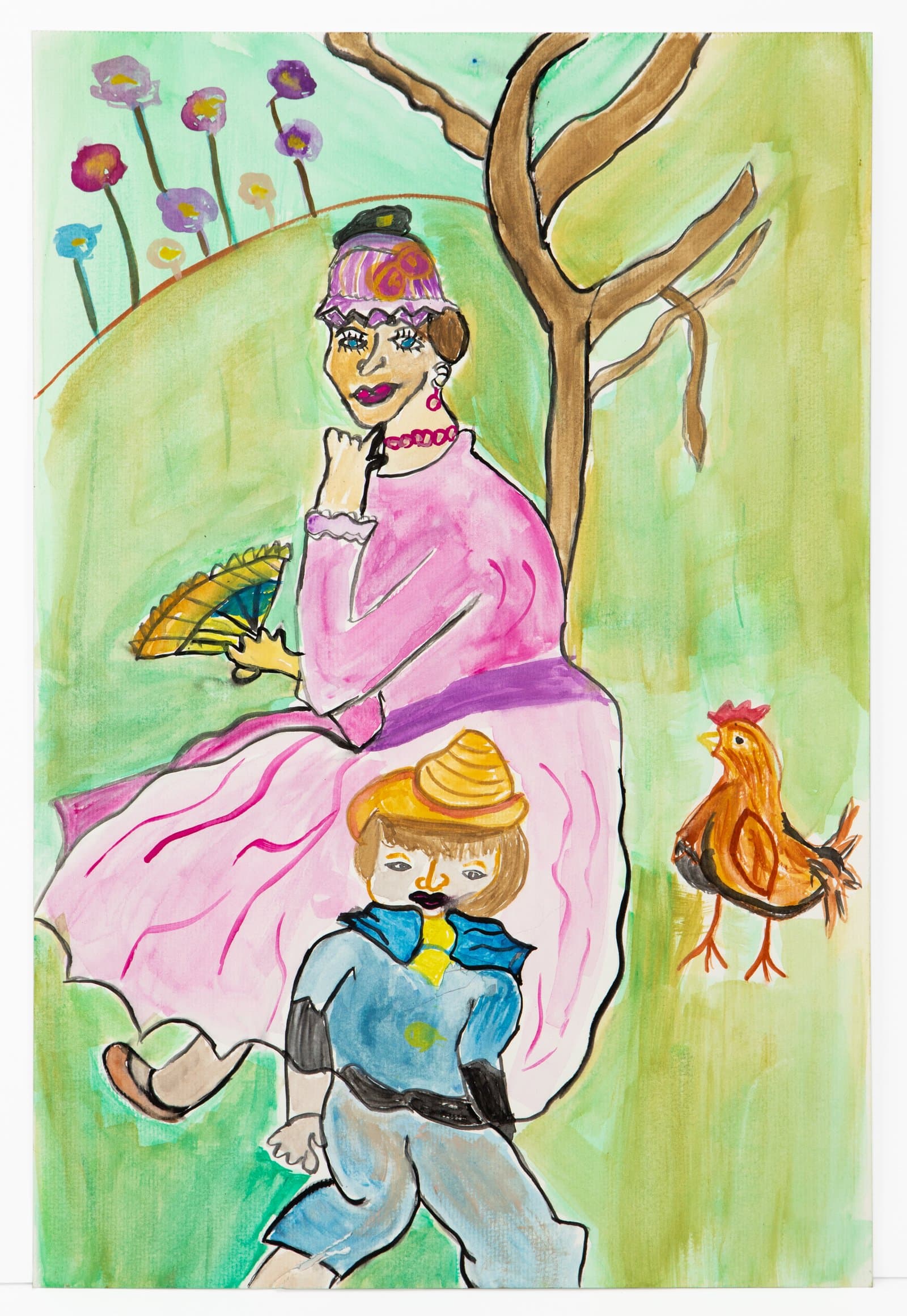 Watercolor and ink painting showing two figures in a garden scene with flowers, tree, and rooster