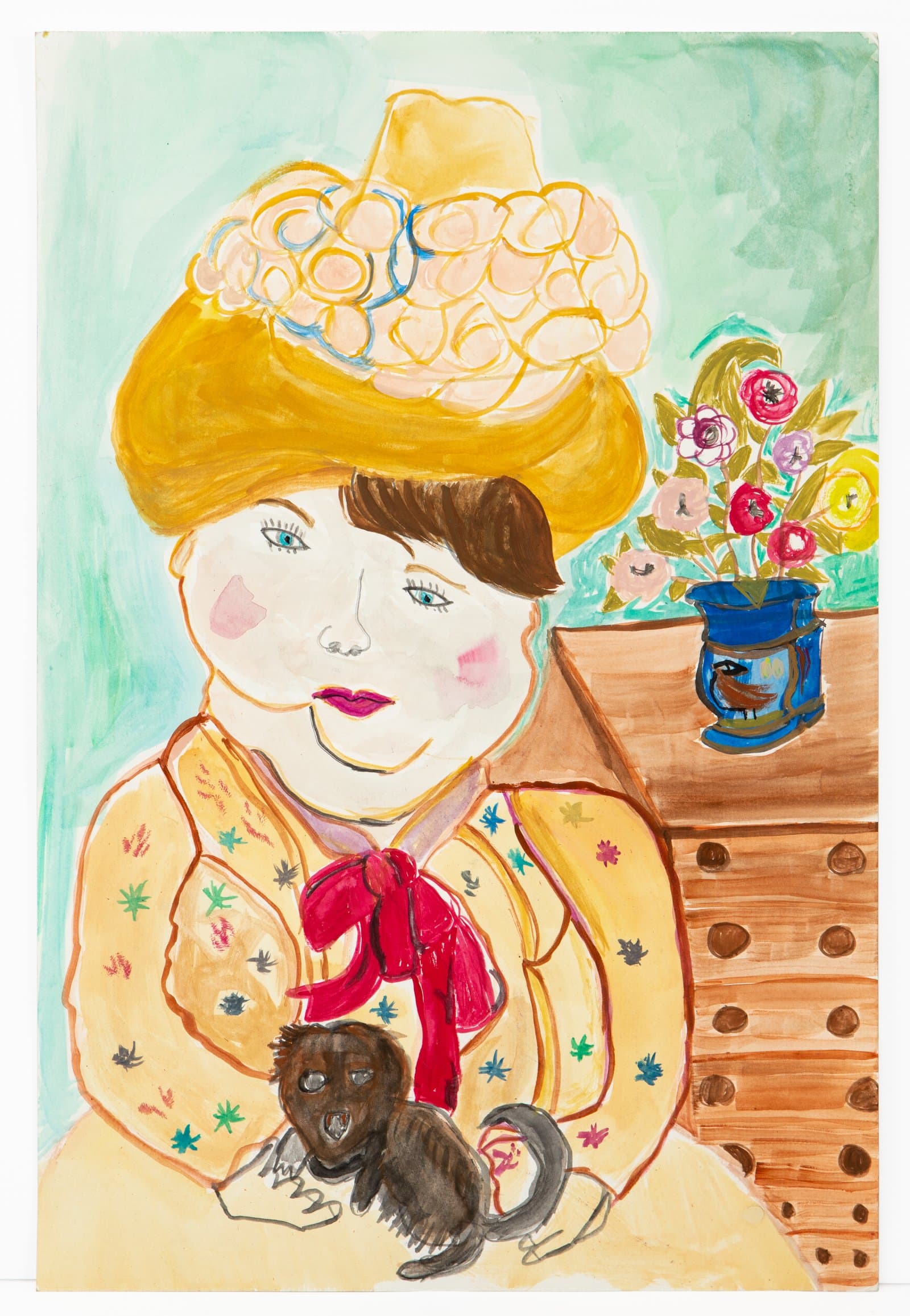 Watercolor portrait of figure in yellow hat and floral dress holding small monkey, wooden dresser with flowers in background