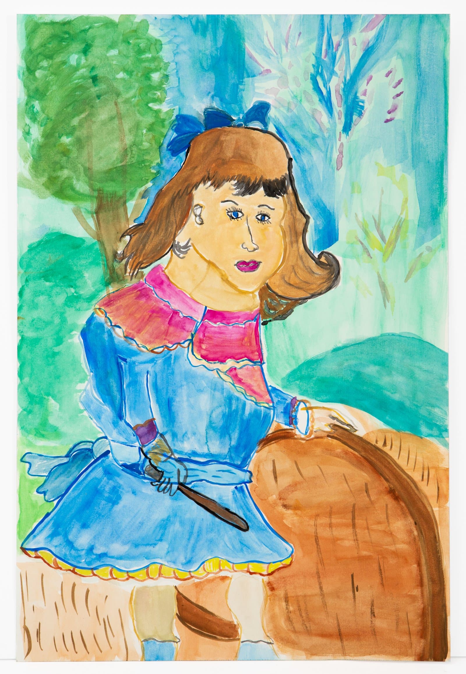 Watercolor painting of a figure in a blue dress with pink collar sitting beside a woven basket in a forest setting