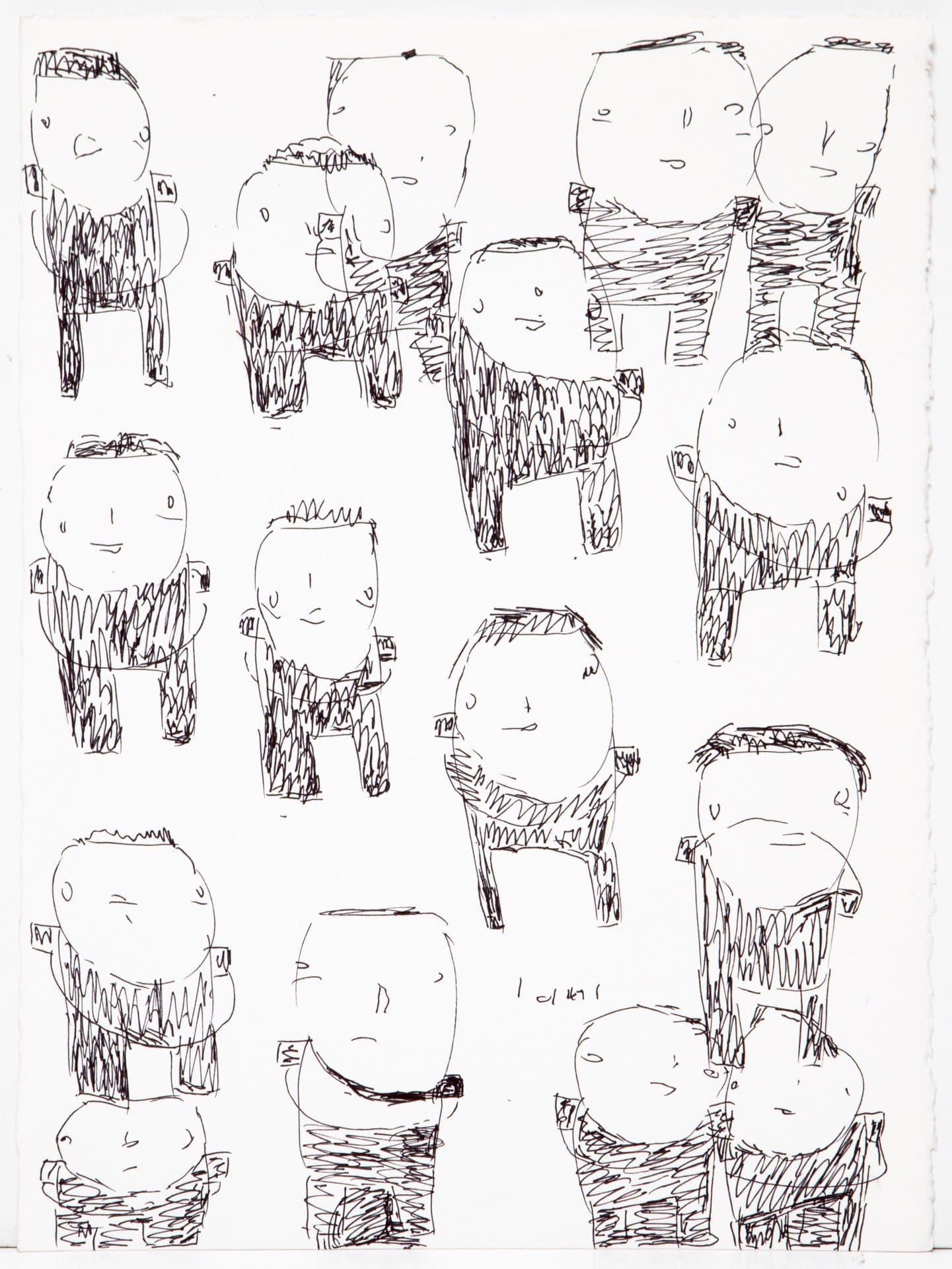 Ink drawing featuring multiple simplified human figures with round heads and basic facial features arranged across white paper.