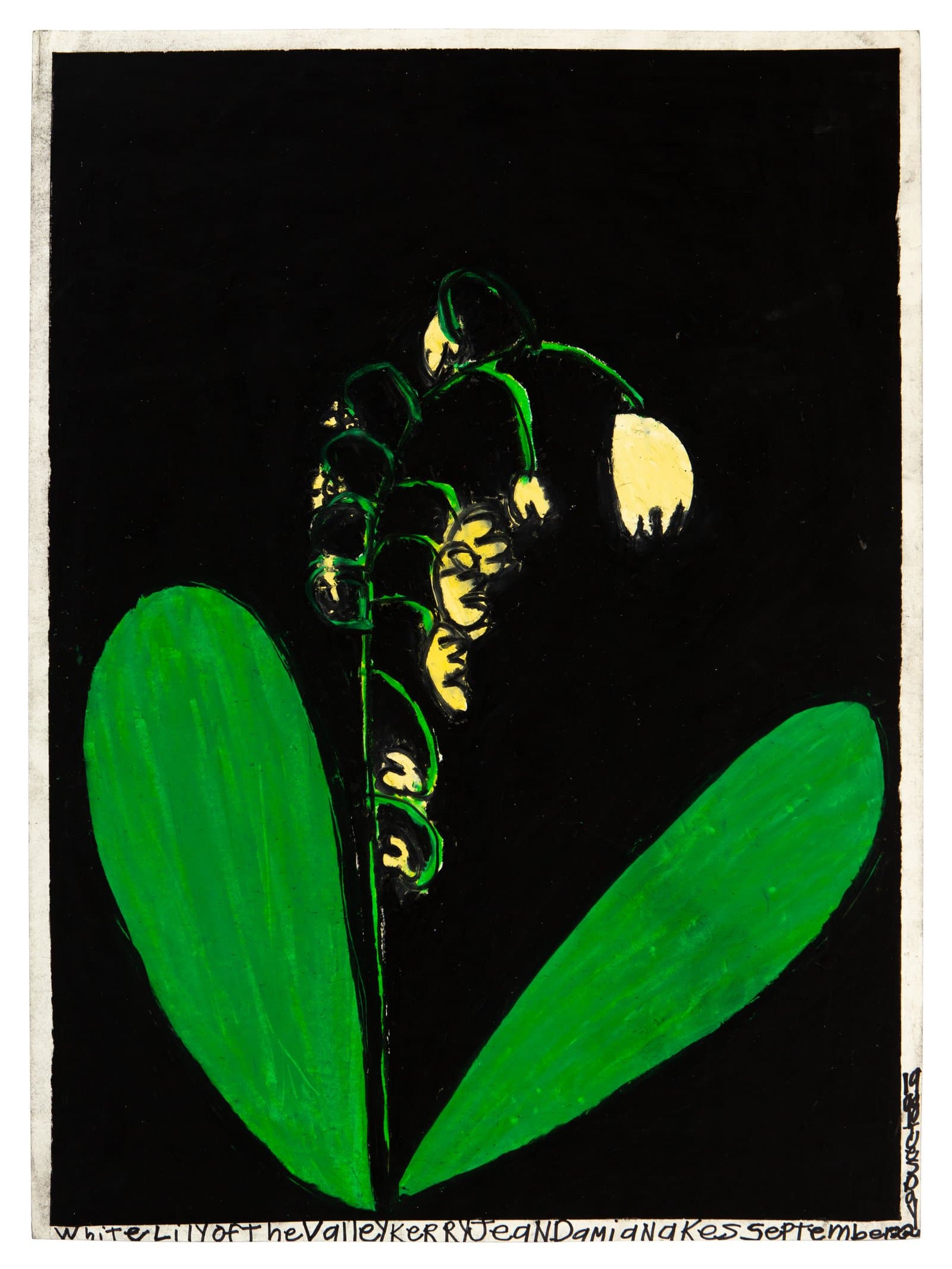Painting of a figure in green and yellow against black background with large green leaf shapes, pastel on paper