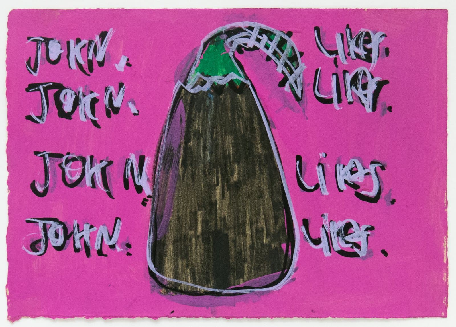 Acrylic painting of a dark eggplant centered on bright pink paper, surrounded by handwritten text reading 'John likes liker.'