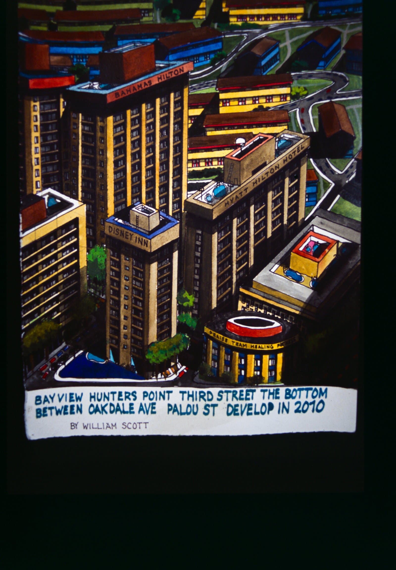 Marker and paint drawing of a dense urban cityscape with labeled hotel towers viewed from above, by William Scott.