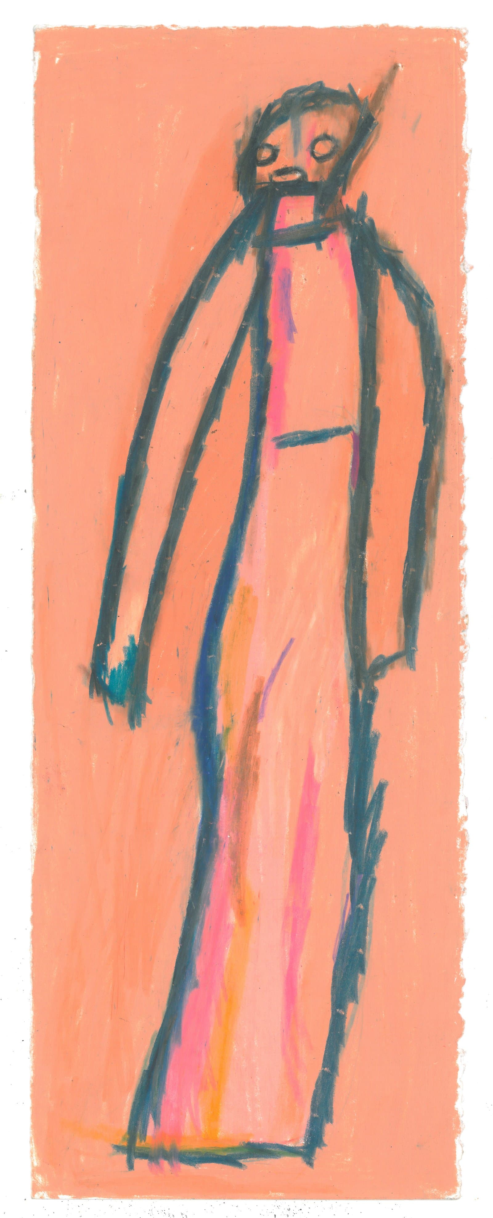 Pastel drawing of a standing human figure outlined in dark blue on a salmon-pink background with pink, blue, and orange interior marks.