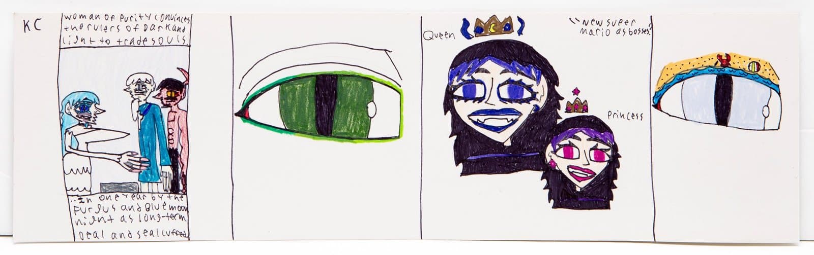 Comic strip-style drawing in ink and colored pencil with four panels showing figures and faces on white paper.