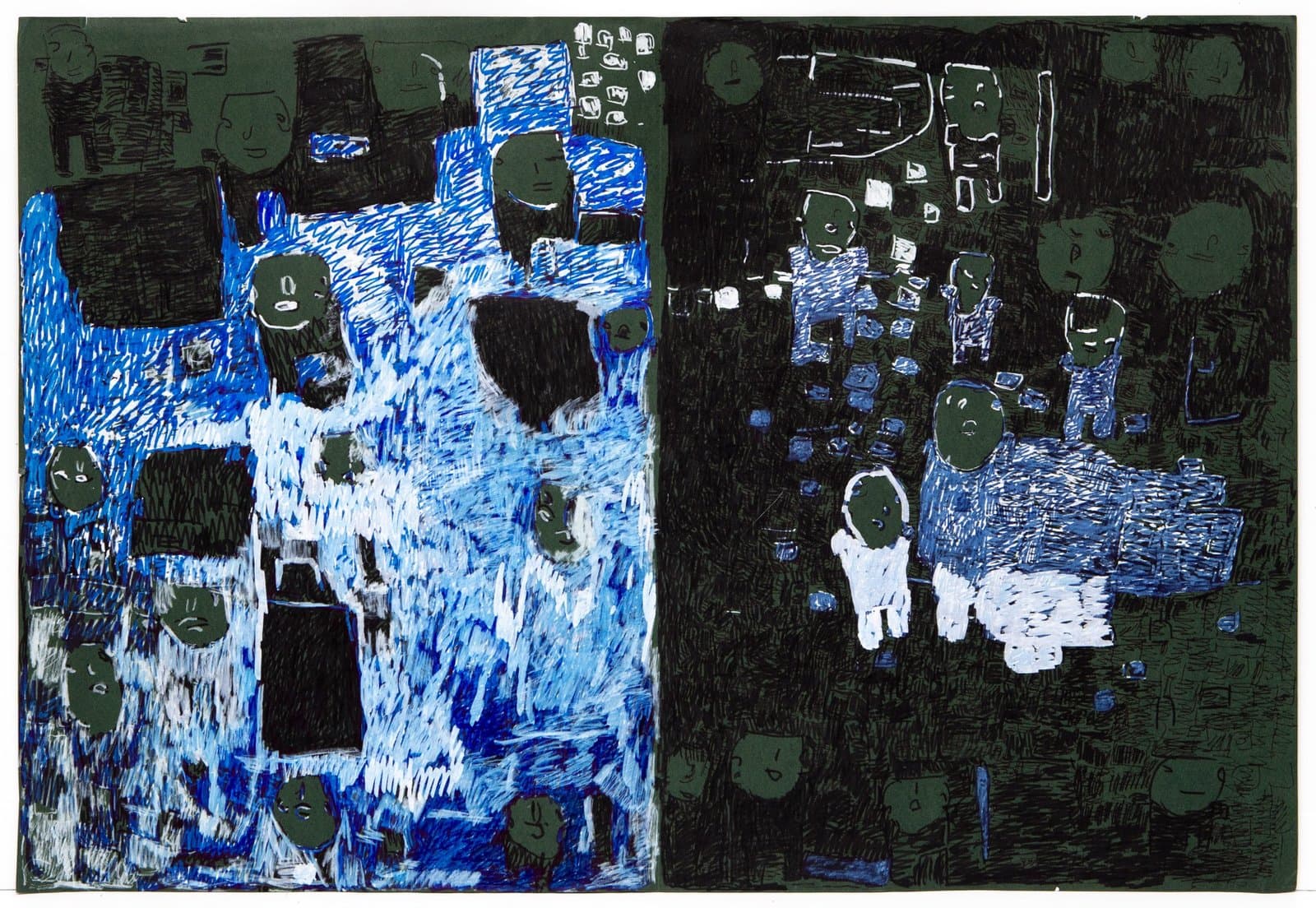 Mixed media drawing with blue architectural forms and green circular faces scattered across black and white areas on paper.