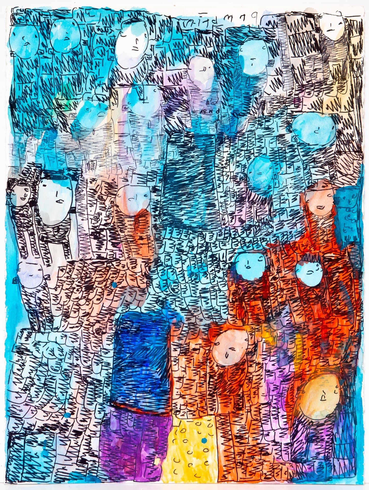 Mixed media drawing with multiple simplified faces and dense crosshatching in blues, oranges, and purples on paper.