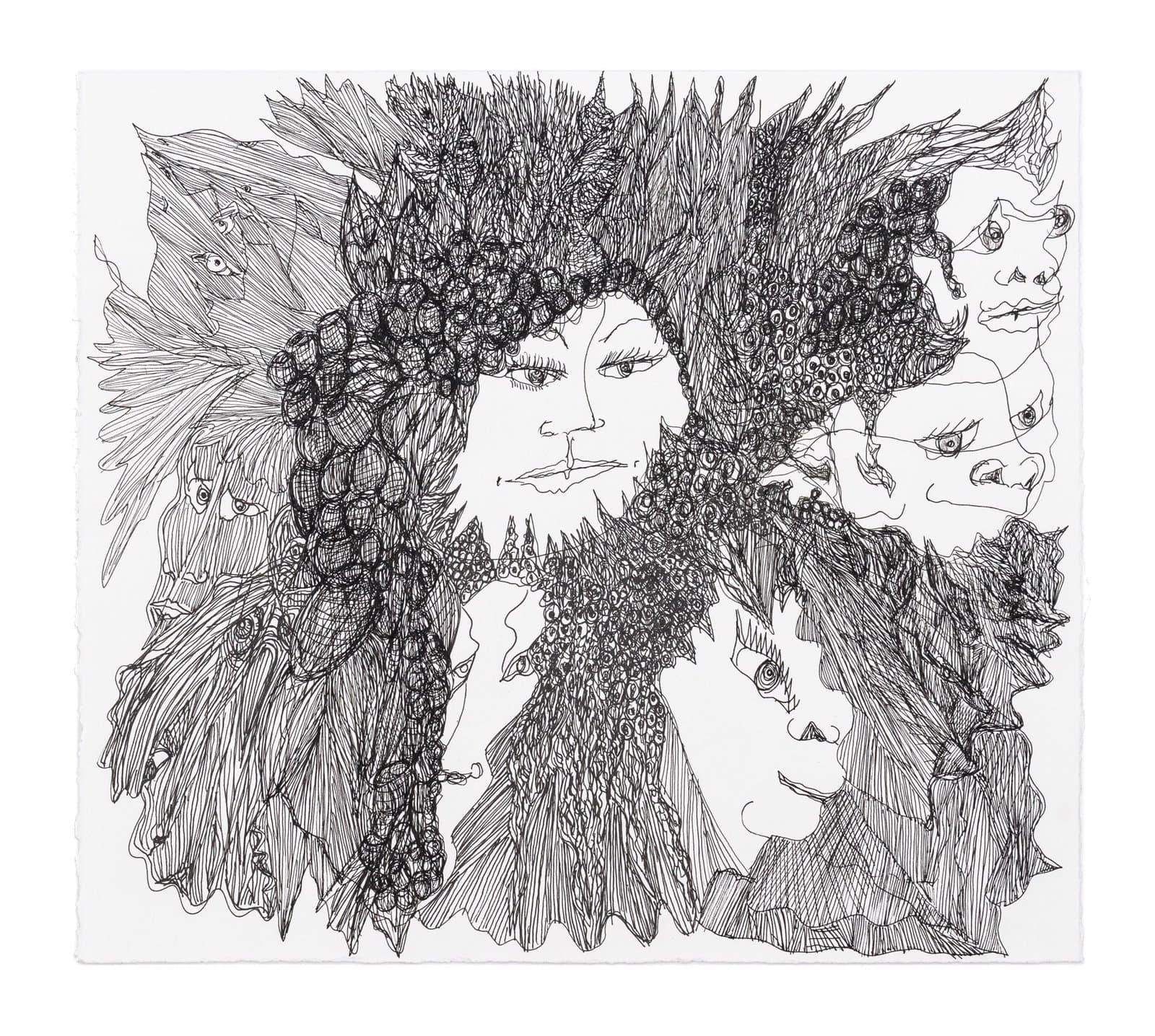 Black ink drawing on paper featuring multiple human faces emerging from intricate patterns of feathers, scales, and textures