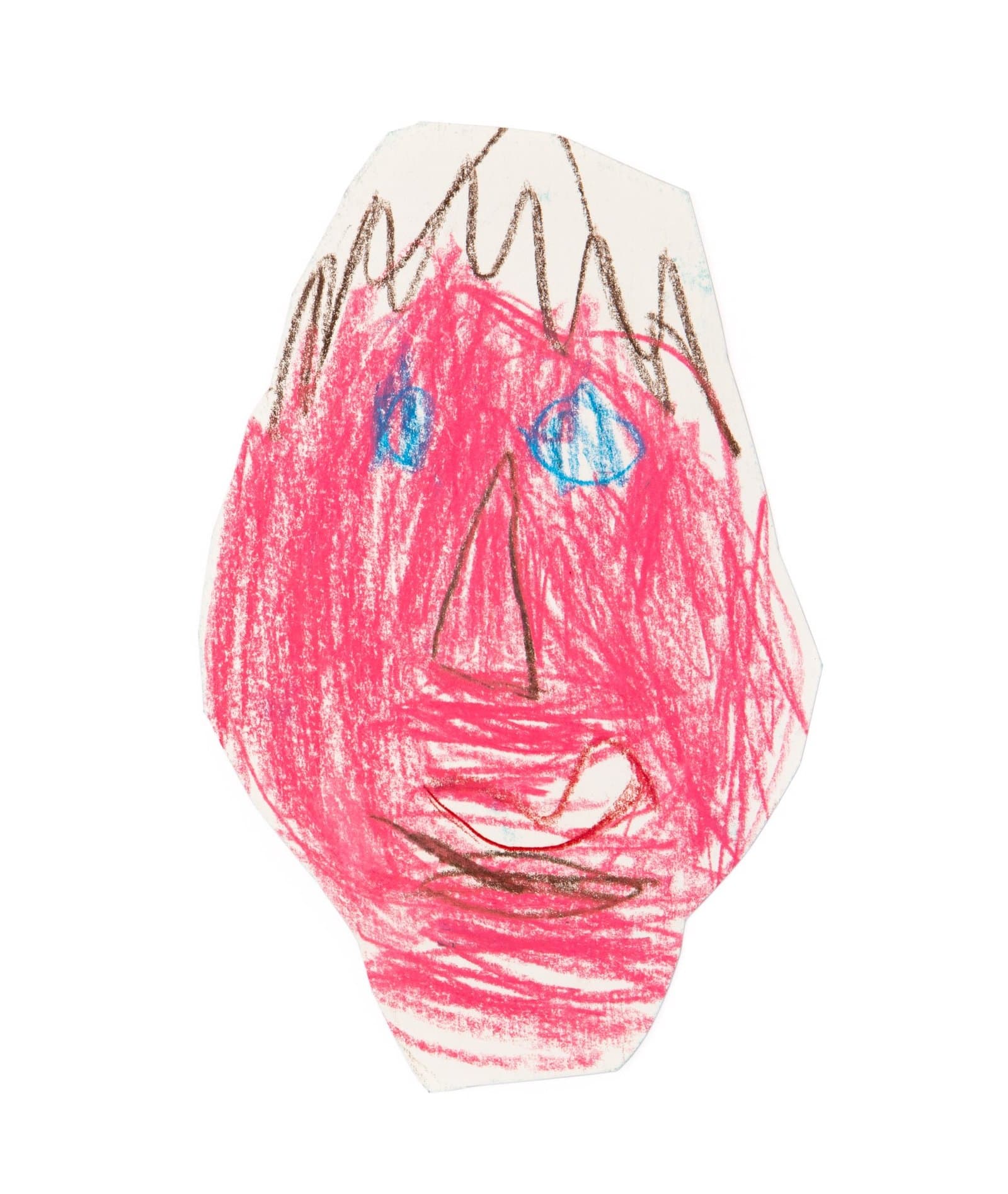 Paper cutout drawing of a face with brown hair, blue eyes, and pink coloring made with art stix on white paper.