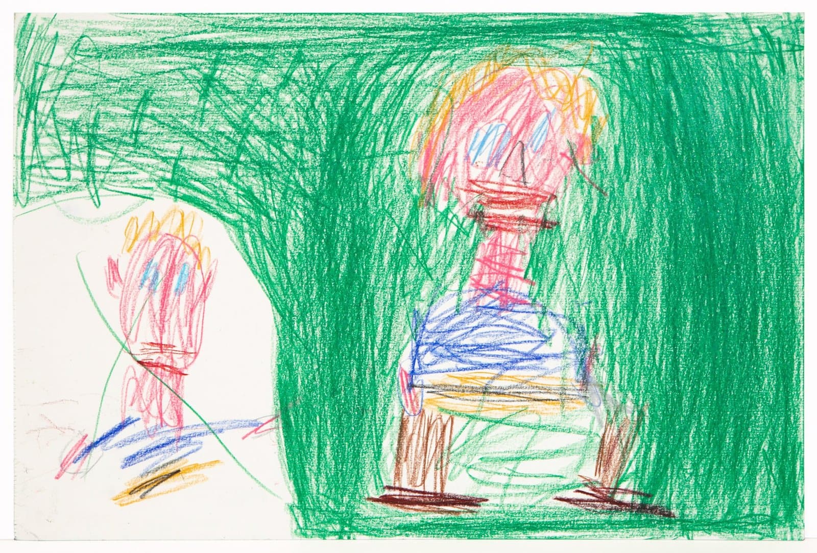 Colored pencil drawing with two seated figures against green background, featuring bold scribbled strokes in multiple colors.