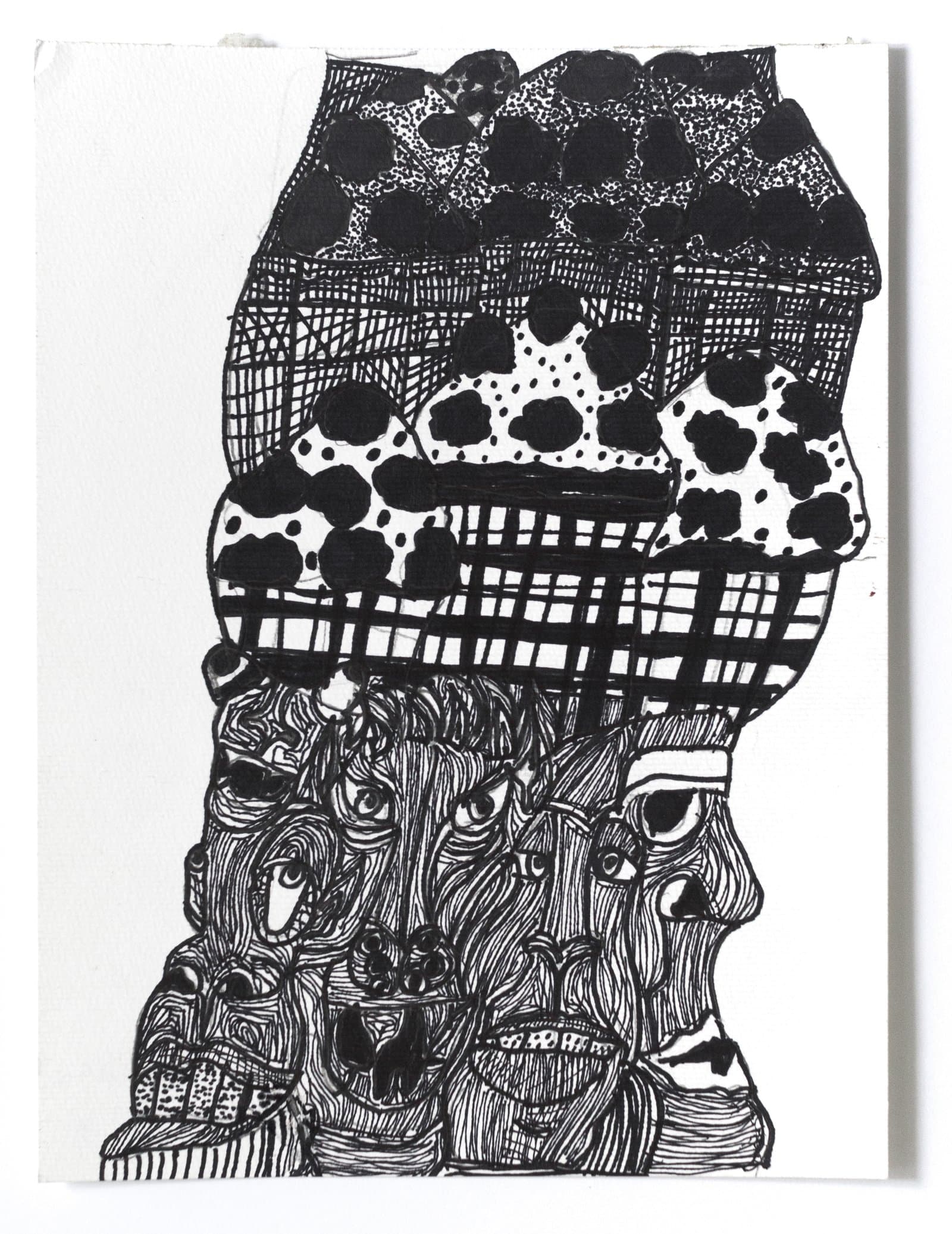 Black and white ink drawing featuring stacked abstract faces below layered geometric and spotted patterns on white paper.