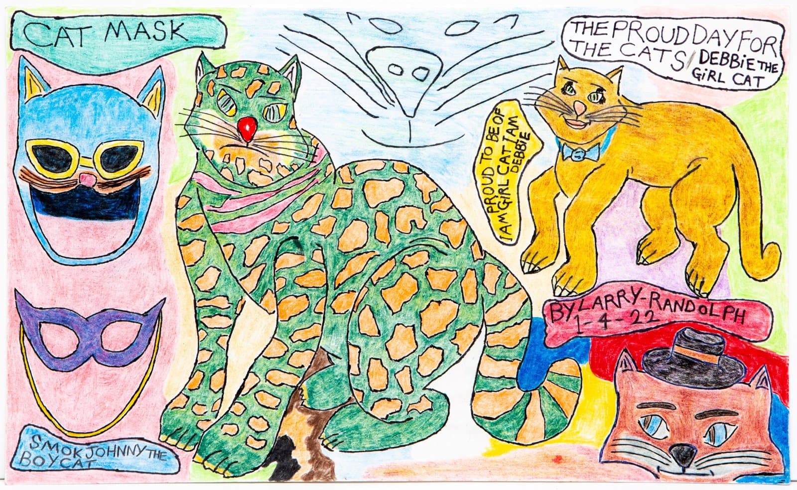 Colorful drawing featuring cartoon cats and masks in pen and colored pencil, with handwritten text and labels